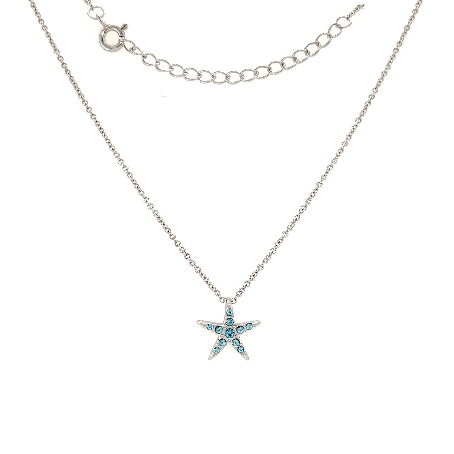 Small Starfish Necklace with Aqua Crystals in Sterling Silver Full Necklace Front View