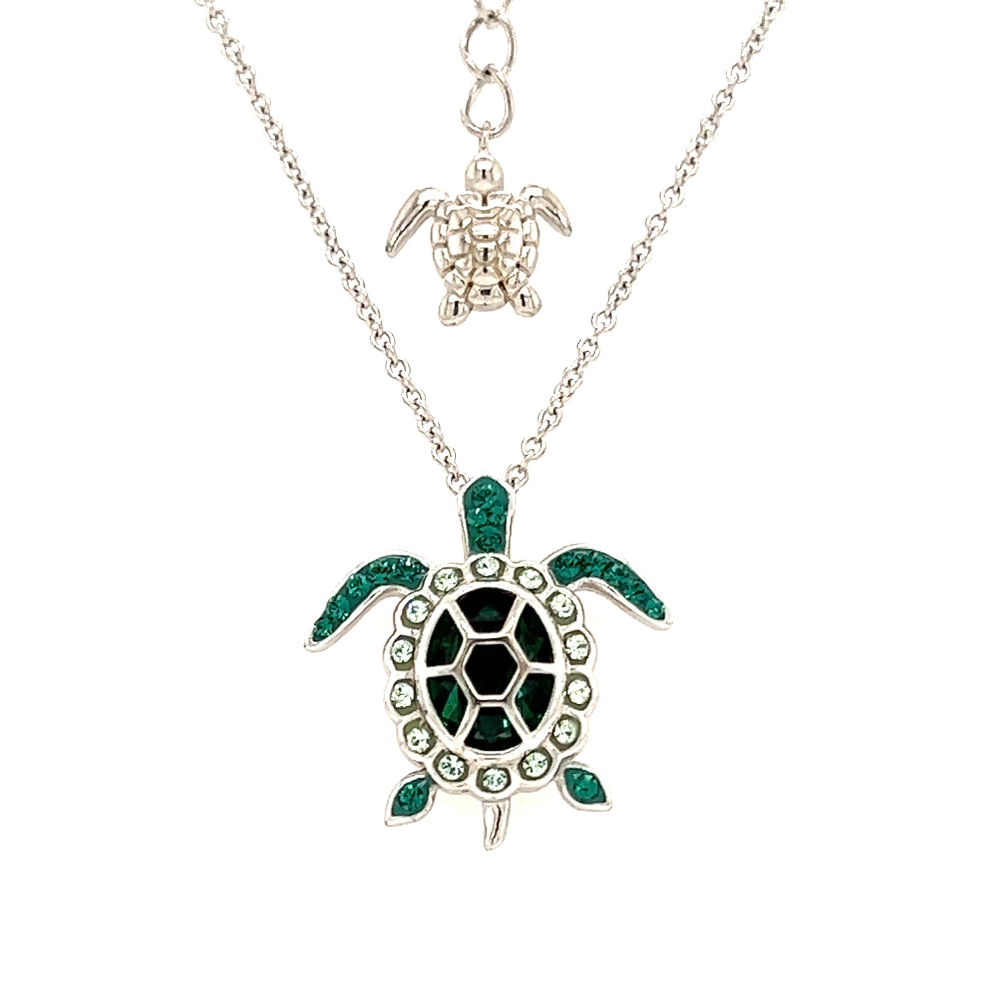 Sea Turtle Necklace with Deep Green Crystals in Sterling Silver. Pendant and End Front View