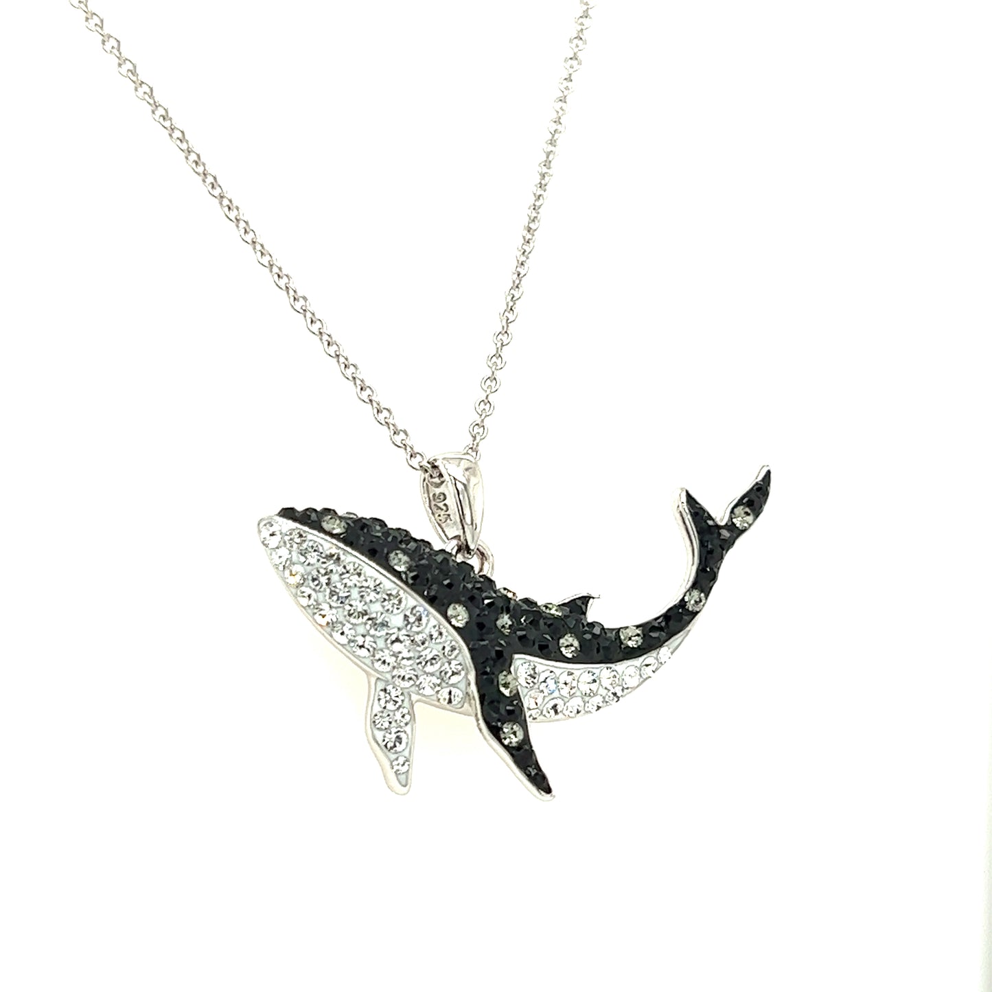 Orca Whale Necklace with Black and White Crystals in Sterling Silver Left Side View