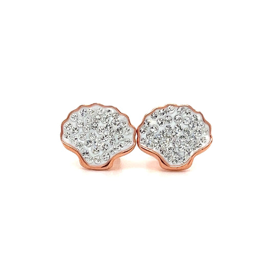 Shell Stud Earrings with White Crystals and Rose Gold Plating in Sterling Silver Front View
