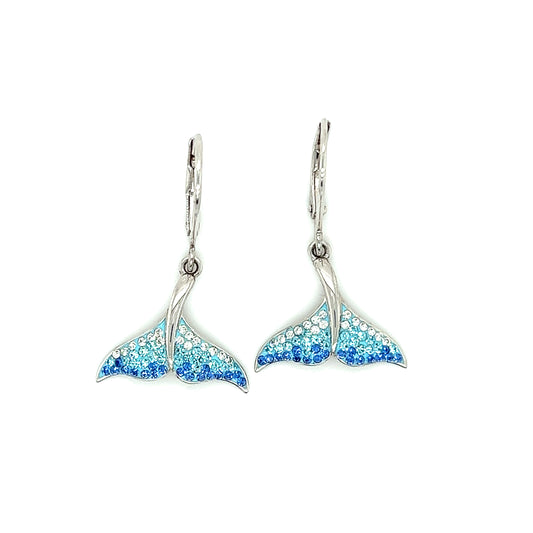 Whale Tail Dangle Earrings with White, Aqua and Blue Crystals in Sterling Silver Front View