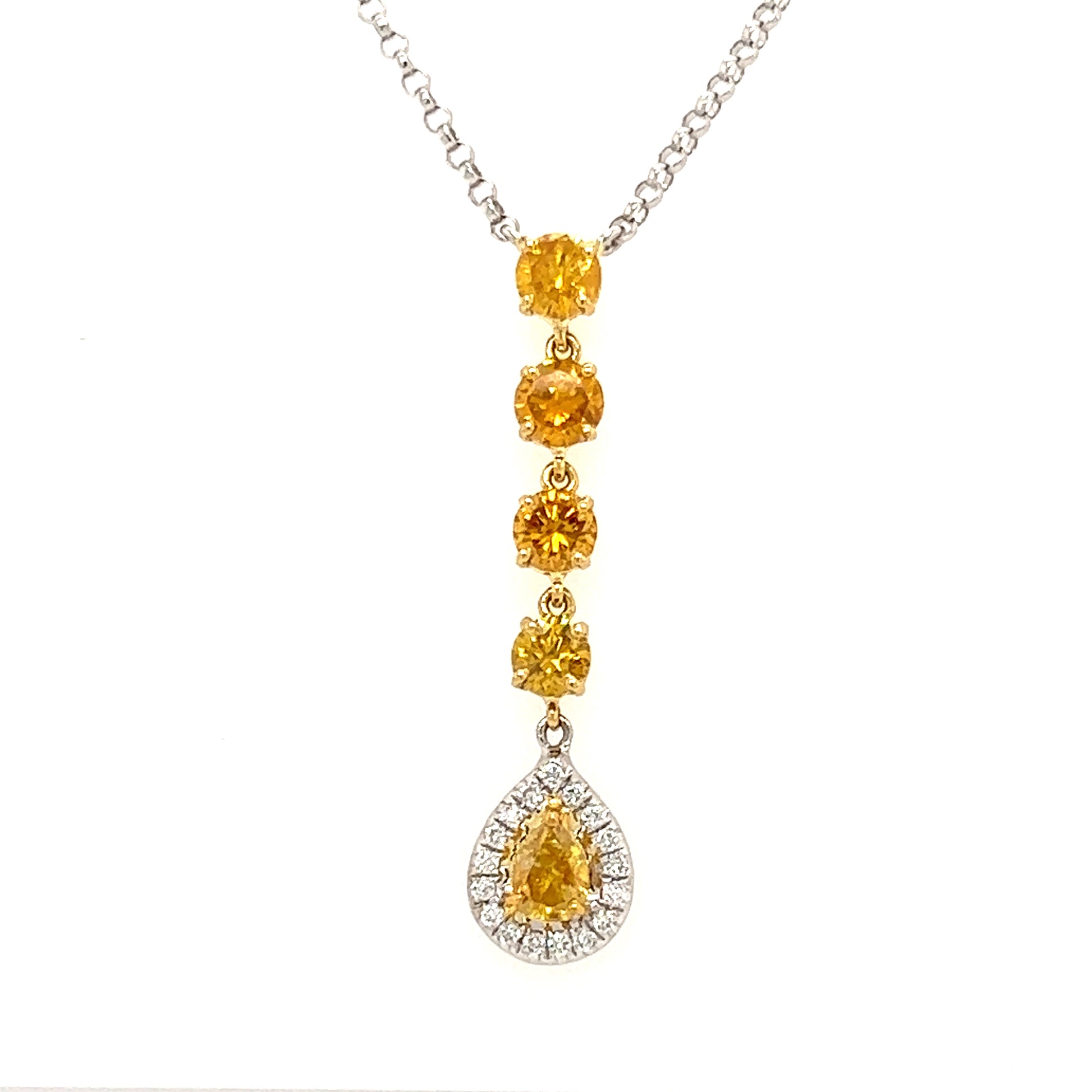 Yellow Diamond Necklace with Twenty One Diamonds in 18K White Gold Drop Front View