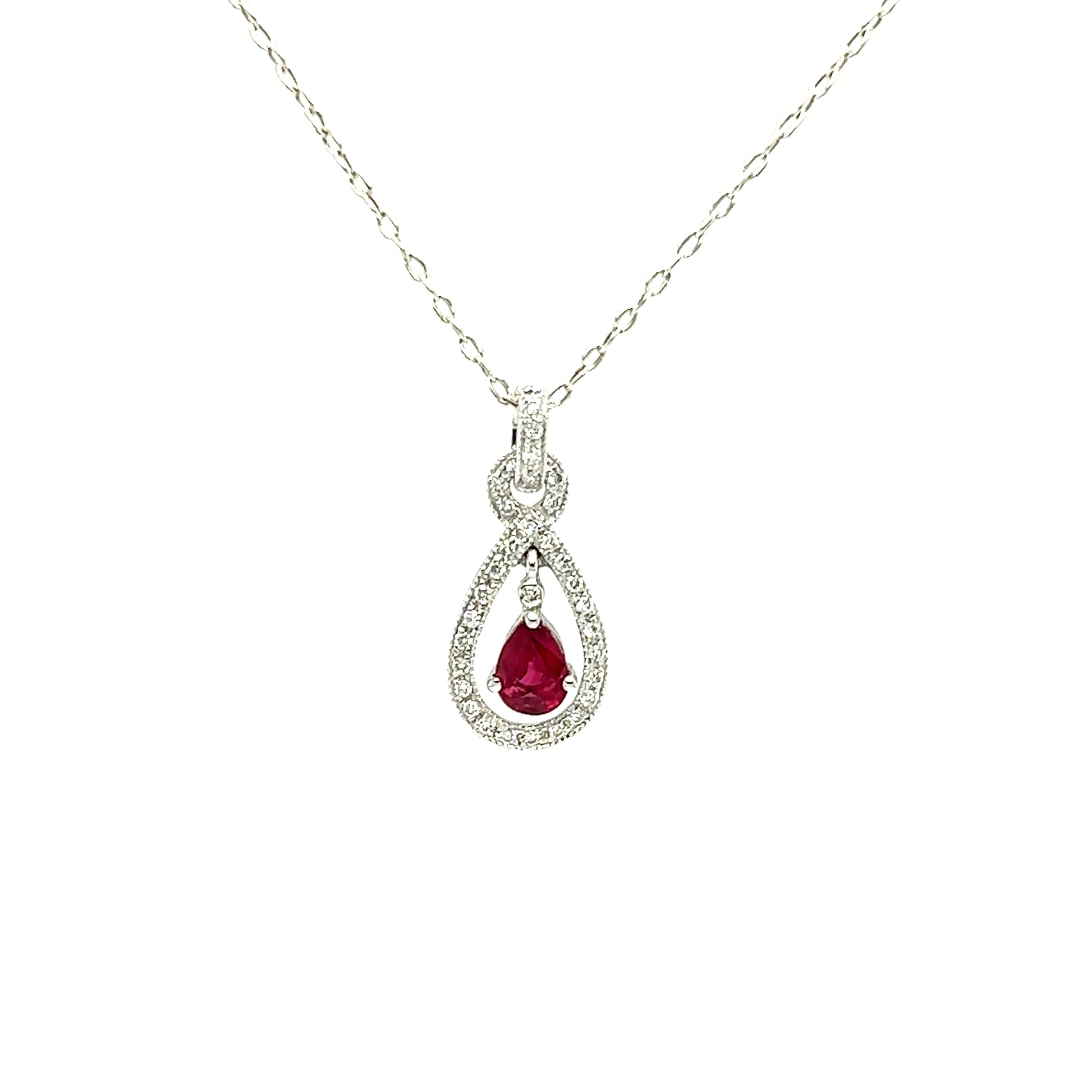 Dangling Pear Ruby Pendant with Diamond Accents in 14K White Gold Pendant on Chain Front View