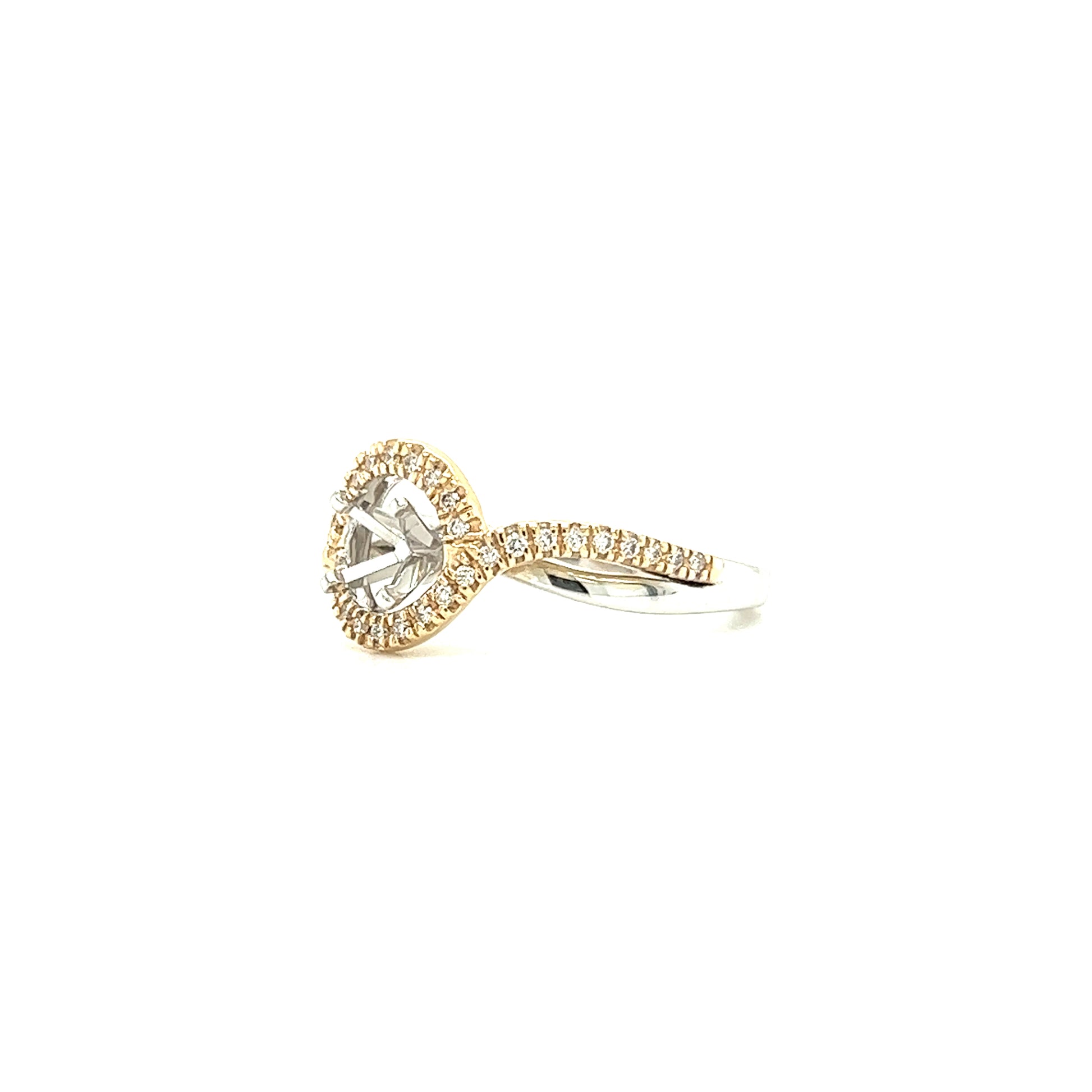 Engagement Ring Setting with Bypass Diamond Halo in 14K Yellow and White Gold Right Side View