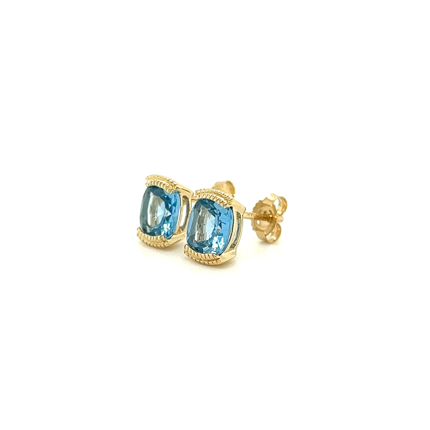 Cushion Blue Topaz Stud Earrings with 1.78ctw of Swiss Blue Topaz in 14K Yellow Gold Right Side View
