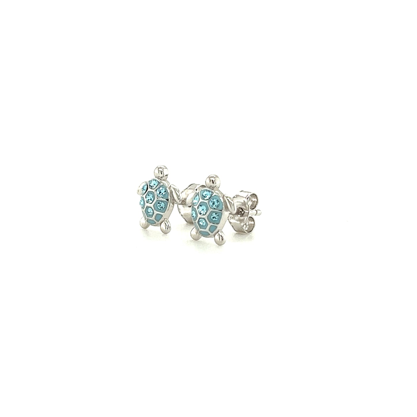 Sea Turtle Stud Earrings with Aqua Crystals in Sterling Silver Right Side View