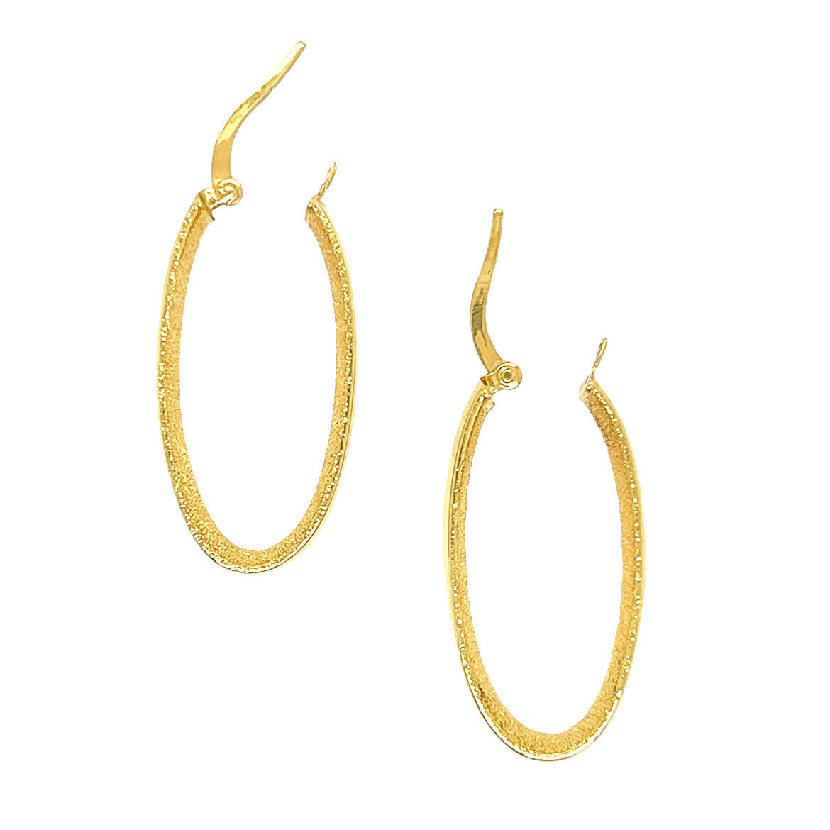 Oval Hoop 6mm Earrings with Star Dust Finish in 14K Yellow Gold Opend Clasp