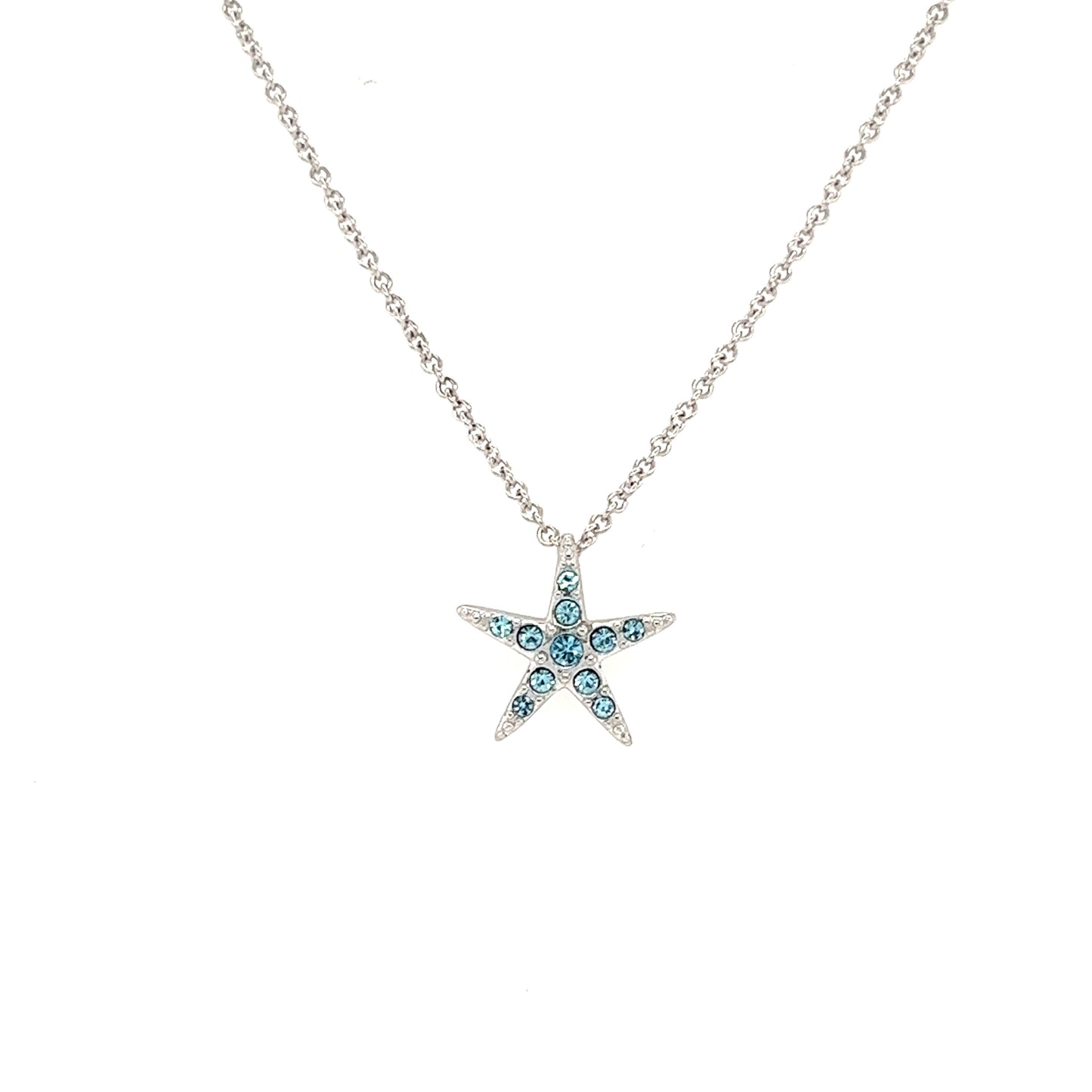 Small Starfish Necklace with Aqua Crystals in Sterling Silver Front View