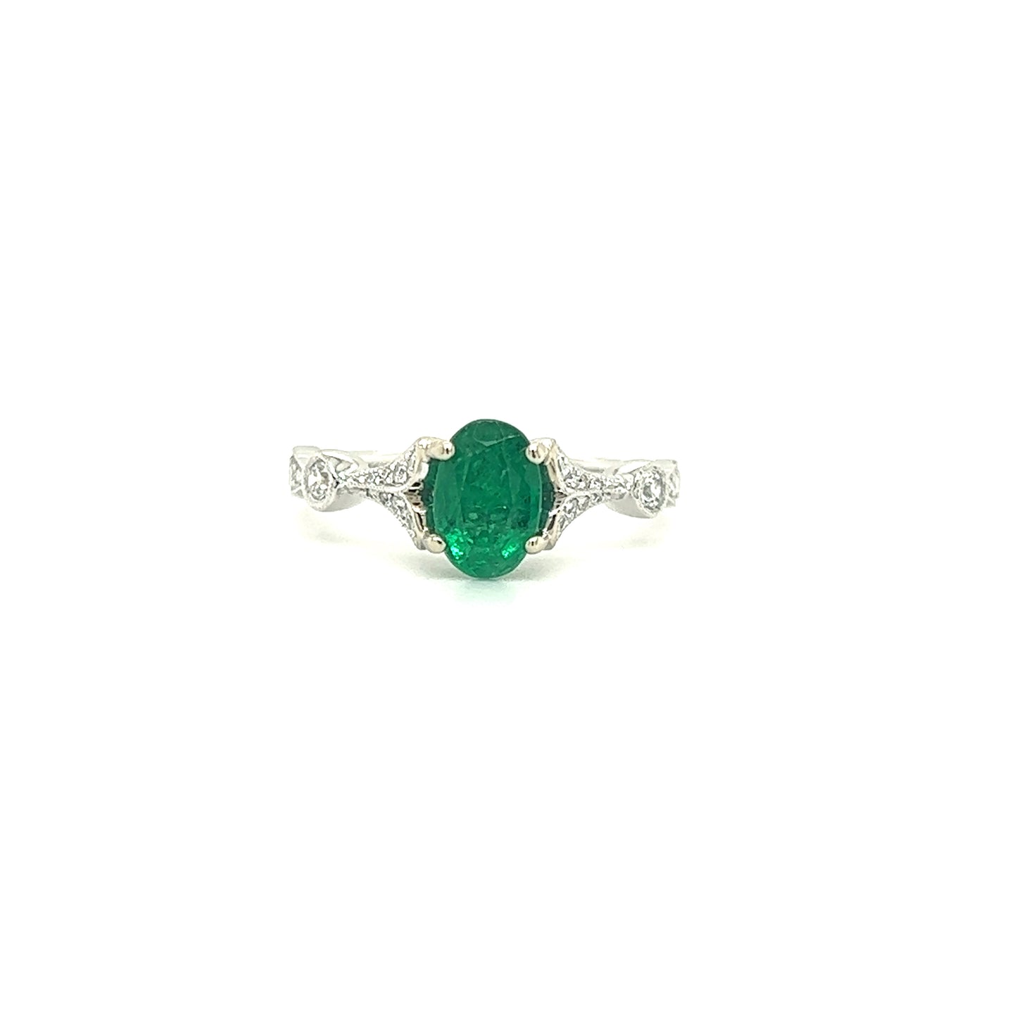 Oval Emerald Ring with 0.39ctw of Diamonds in 14K White Gold Front View