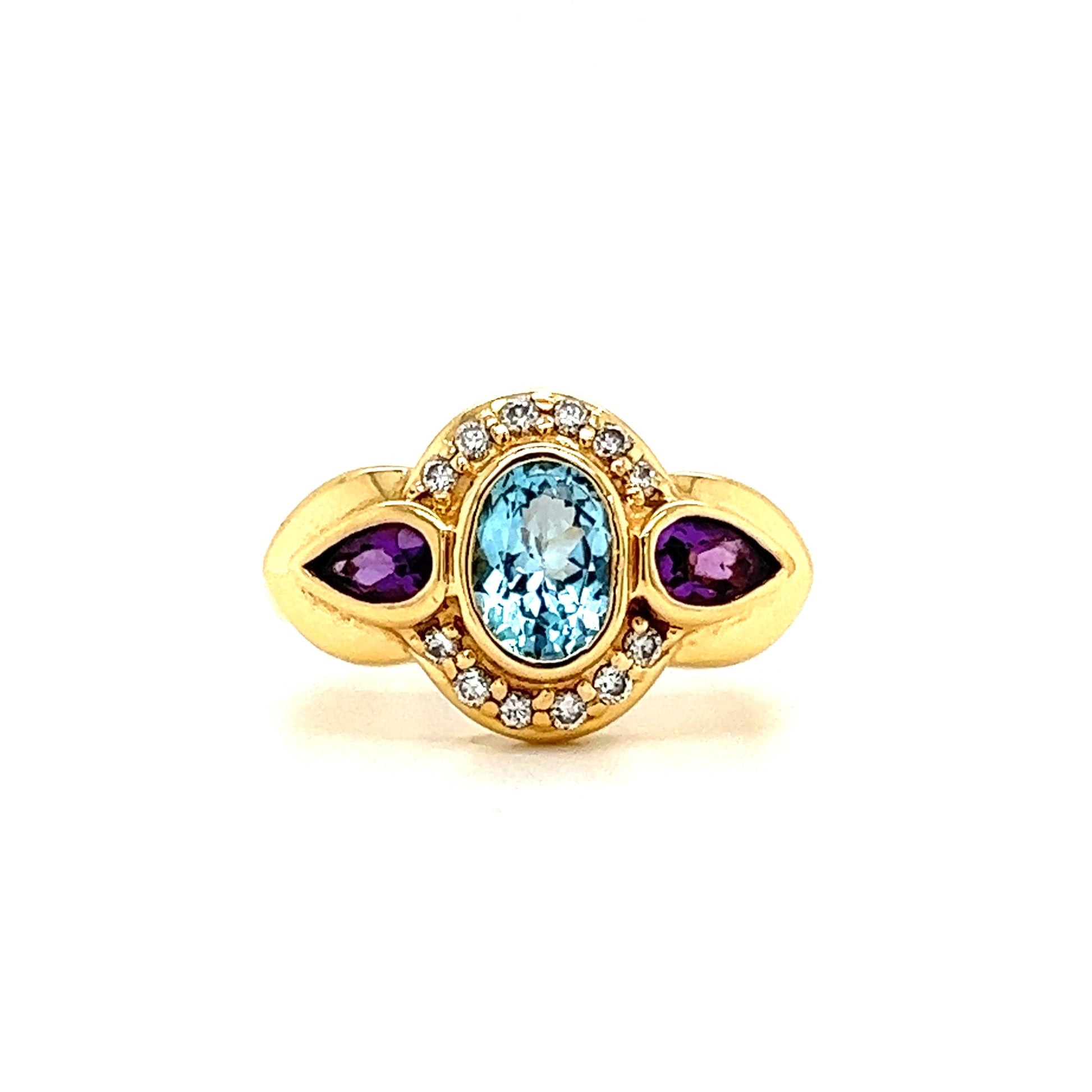Blue Topaz Ring with Side Amethysts and Diamonds in 14K Yellow Gold Front View 2