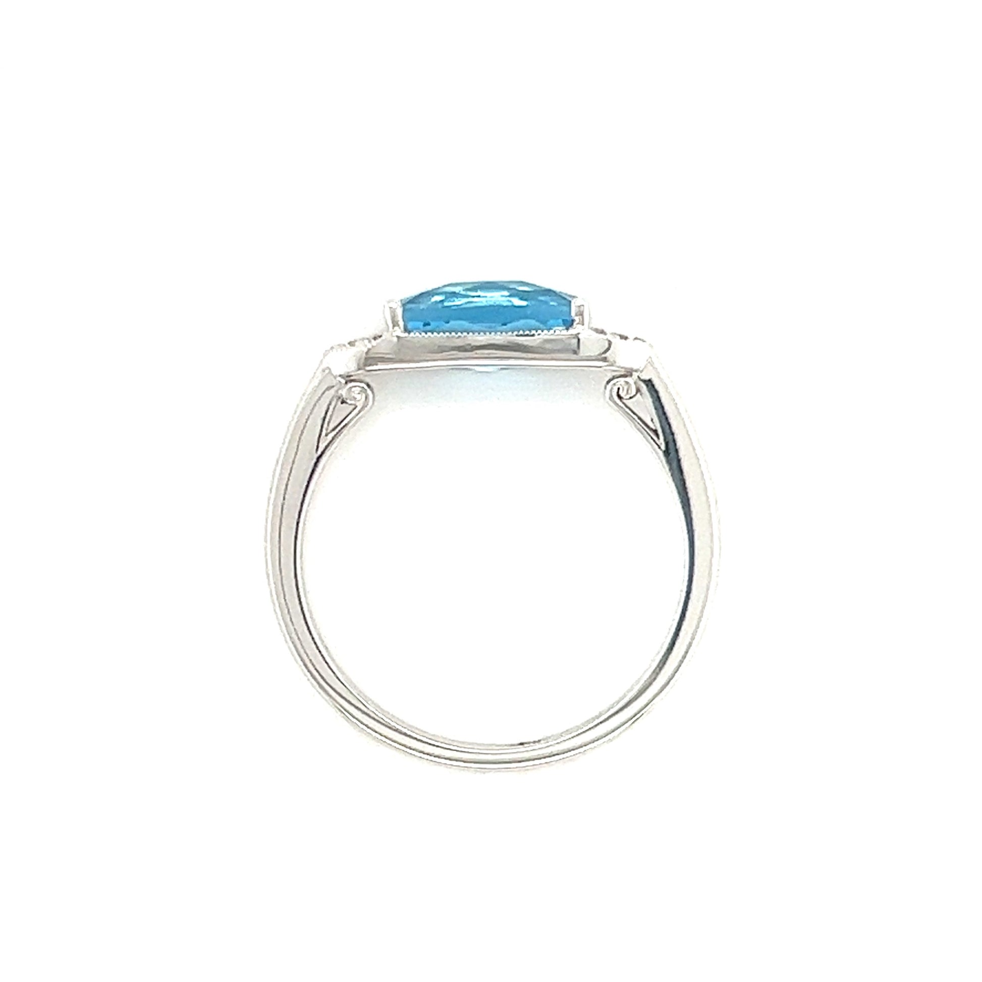 Elongated Blue Topaz Ring with Side Diamonds in 14K White Gold Top View