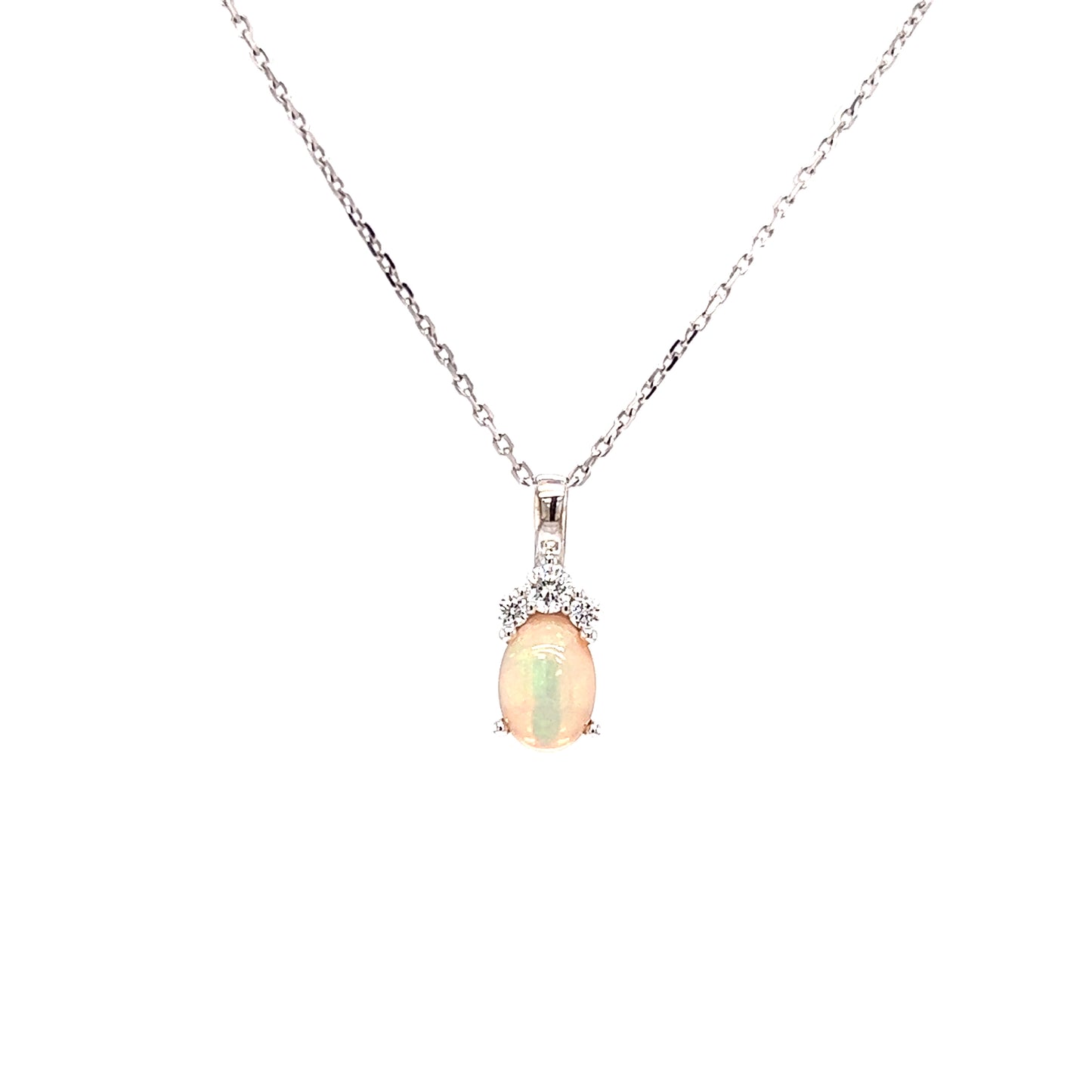 Ethiopian White Opal Pendant with Three Diamonds in 14K White Gold Front View with Chain