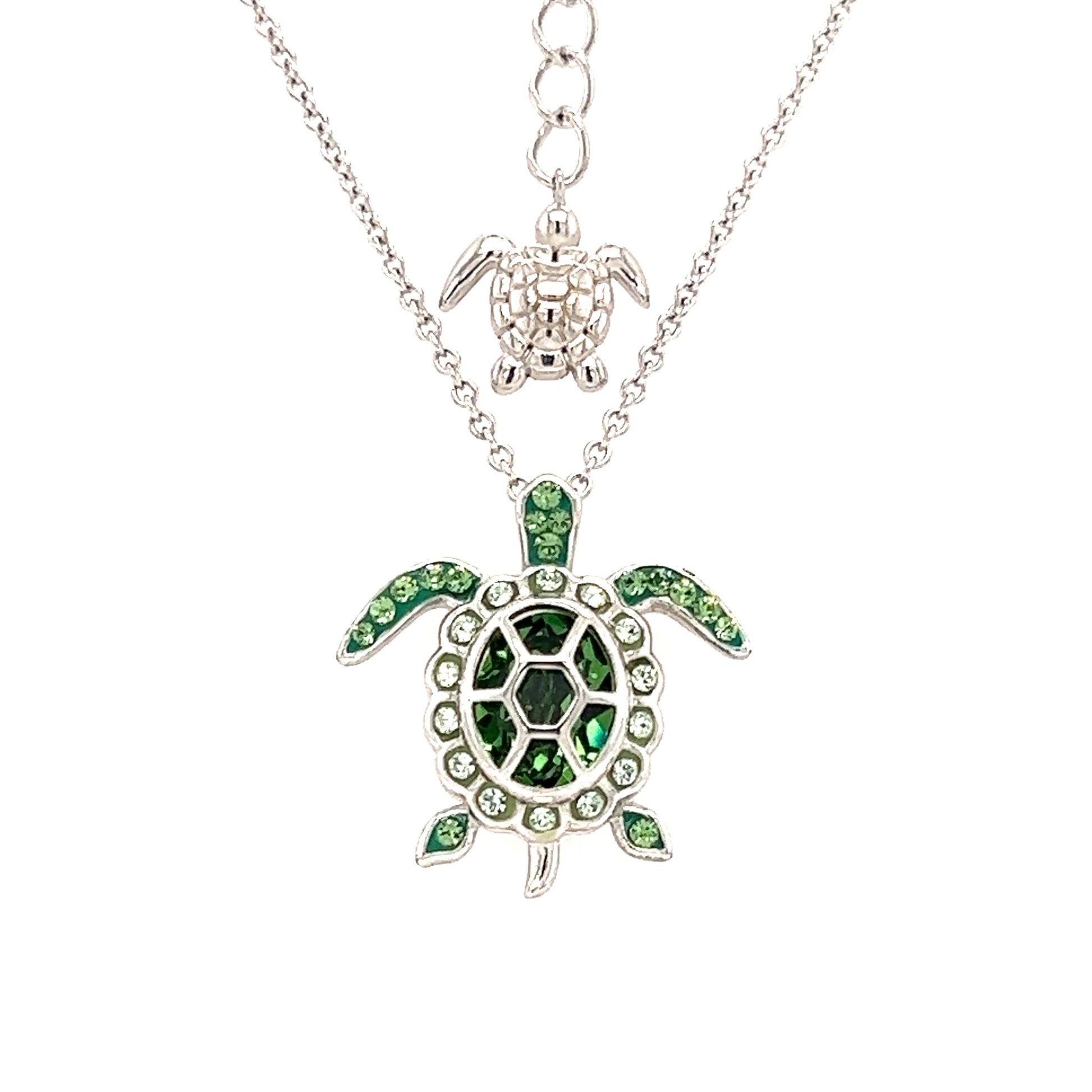 Sea Turtle Necklace with Light Green Crystals in Sterling Silver. Pendant and End Front View