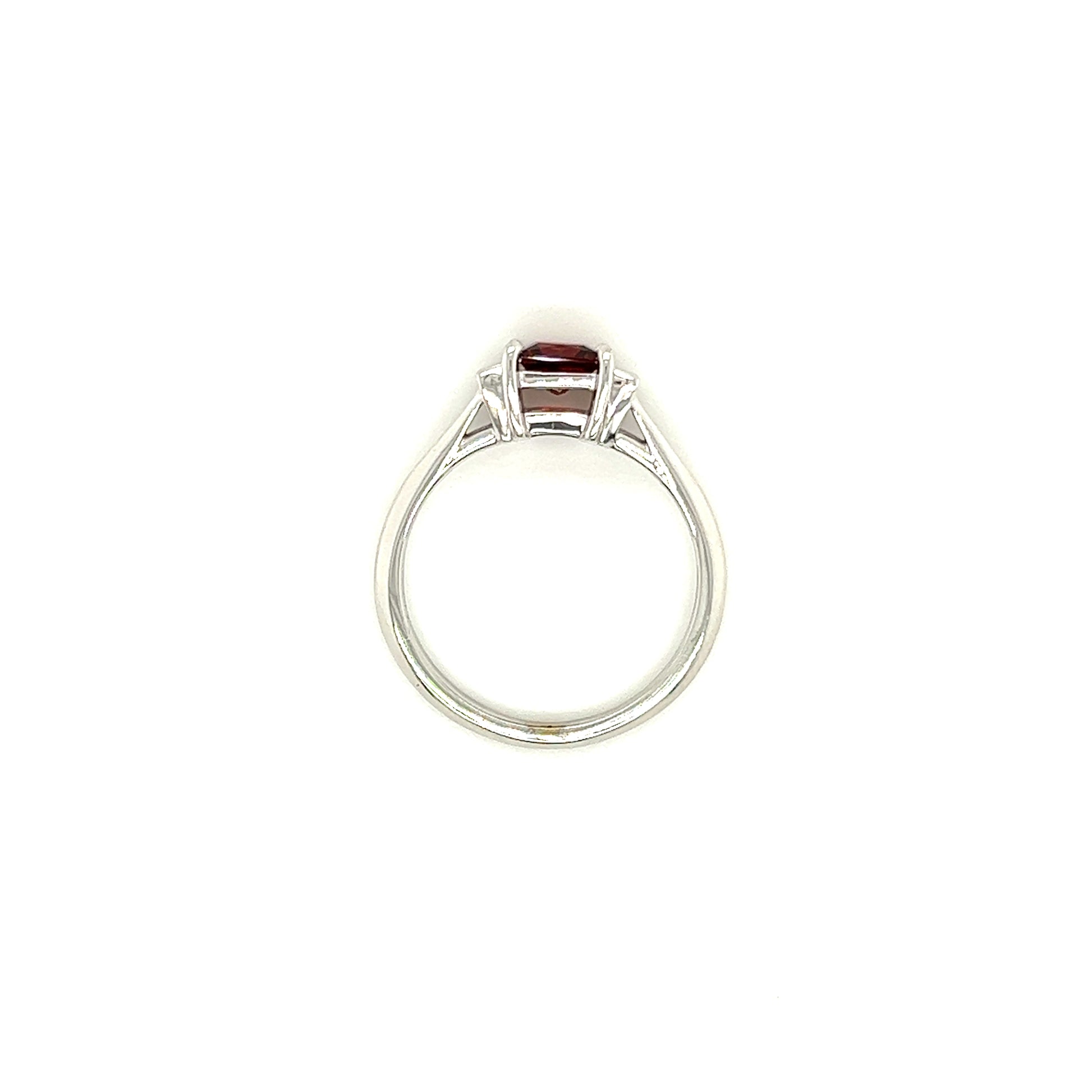 Mozambique Garnet Ring with Two Side Diamonds in 14K White Gold Top View