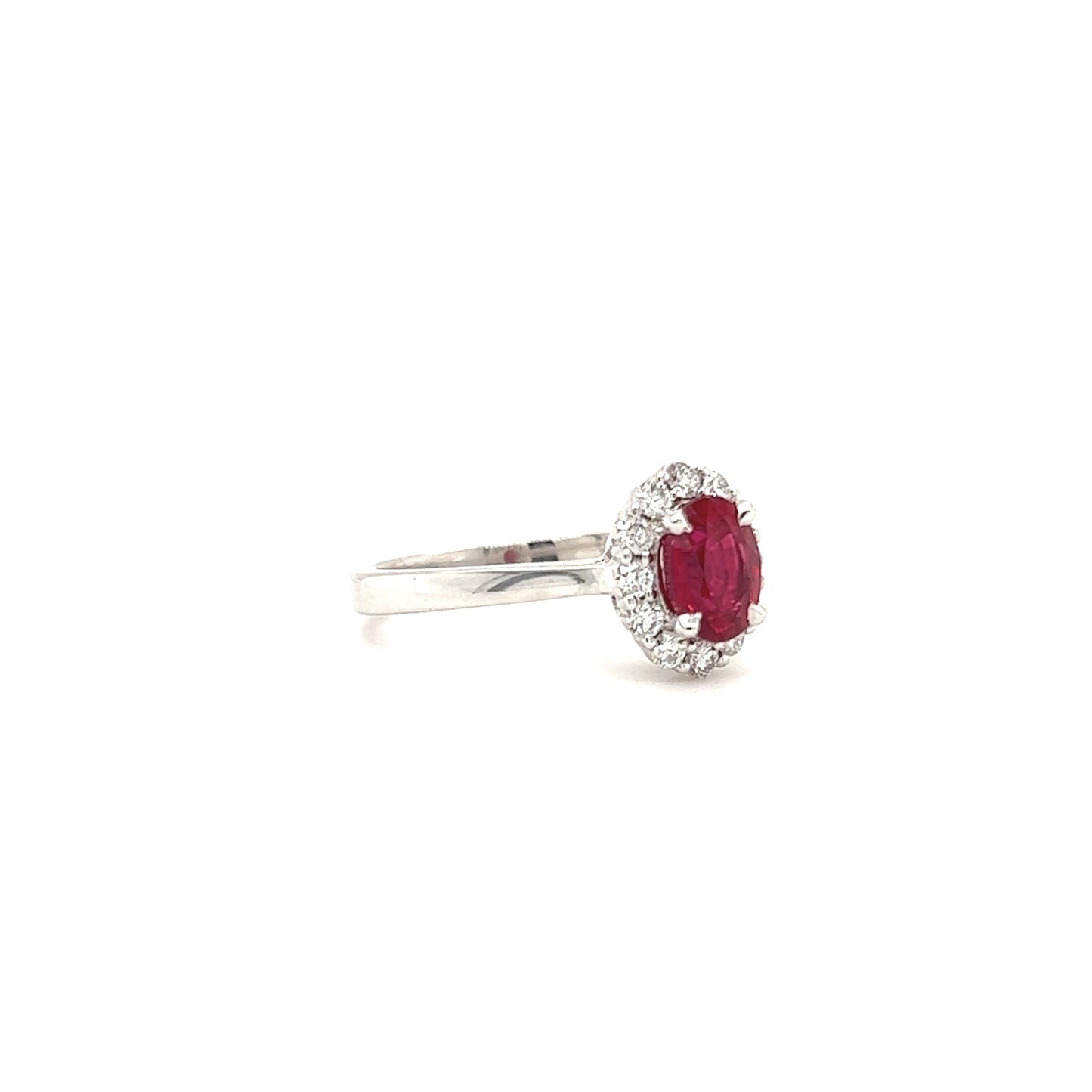 Oval Ruby Ring with Diamond Halo in 14K White Gold Right Side View