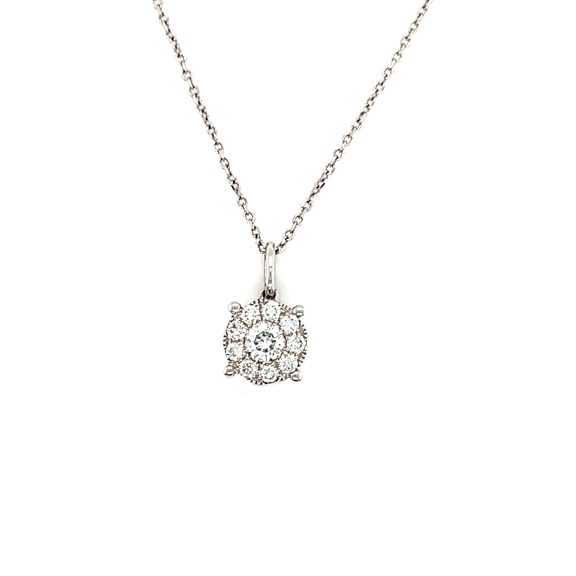 Diamond Pendant with Diamond Halo in 14K White Gold Pendant and Chain Front View Alternative