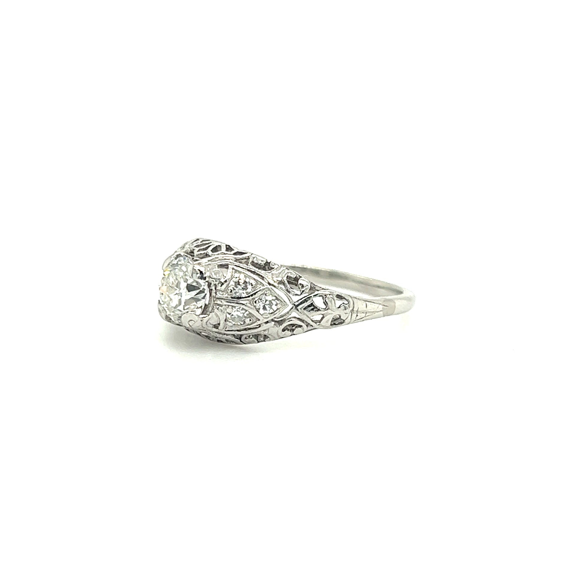 Old European-Cut Diamond Ring with Six Side Diamonds in Platinum Right Side View