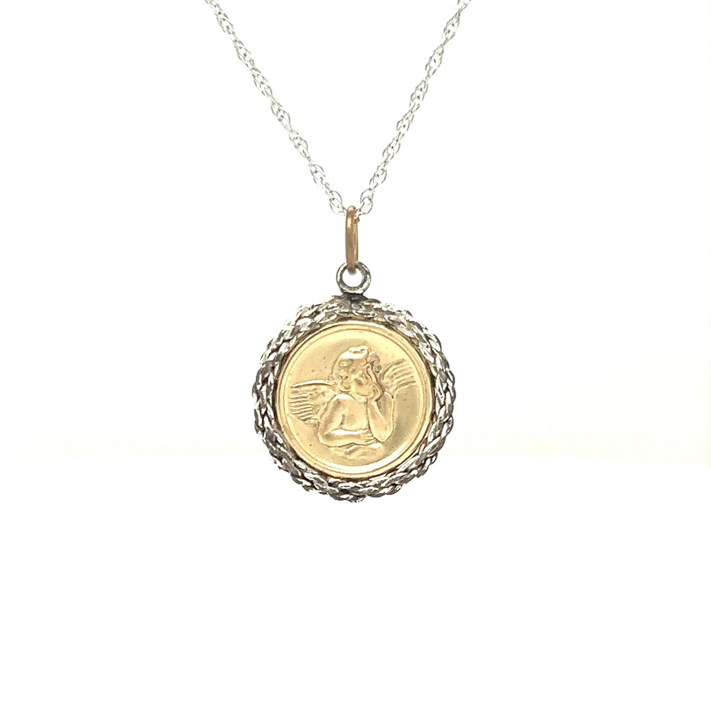 Round Angel Medallion with Textured Frame in 14K Yellow and White Gold Pendant and White Gold Chain