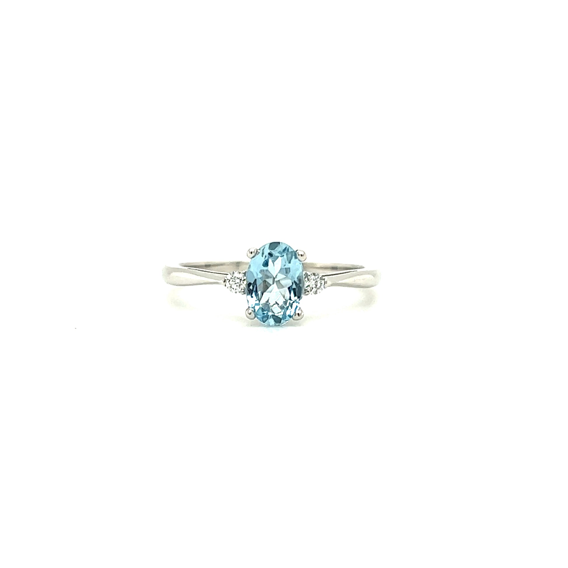 Oval Aquamarine Ring with Two Side Diamonds in 14K White Gold Front View