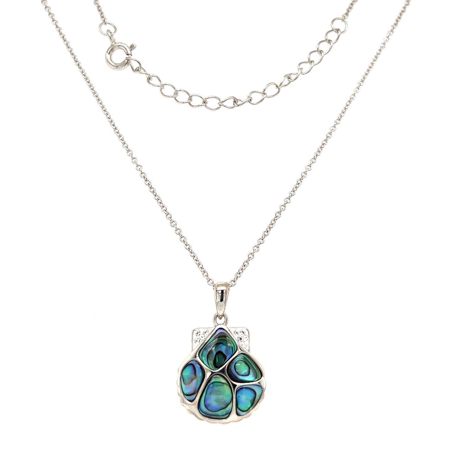 Clam Shell Necklace with Abalone Shell and Swarovski Crystals in Sterling Silver Full Necklace View