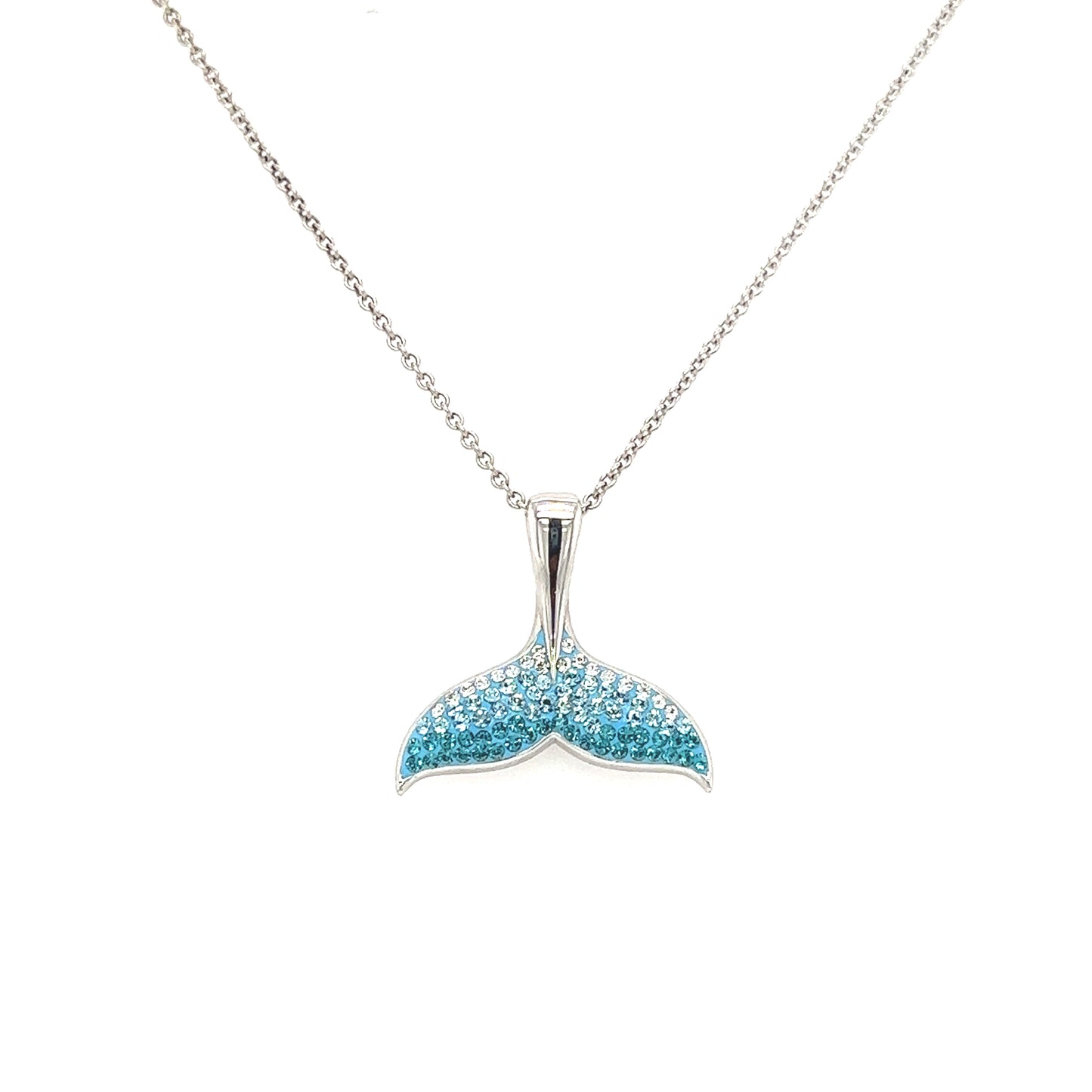 Whale Tail Necklace with Aqua Crystals in Sterling Silver Front View