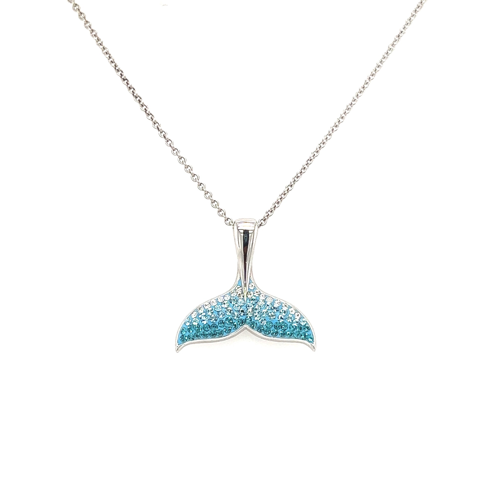 Whale Tail Necklace with Aqua Crystals in Sterling Silver Front View