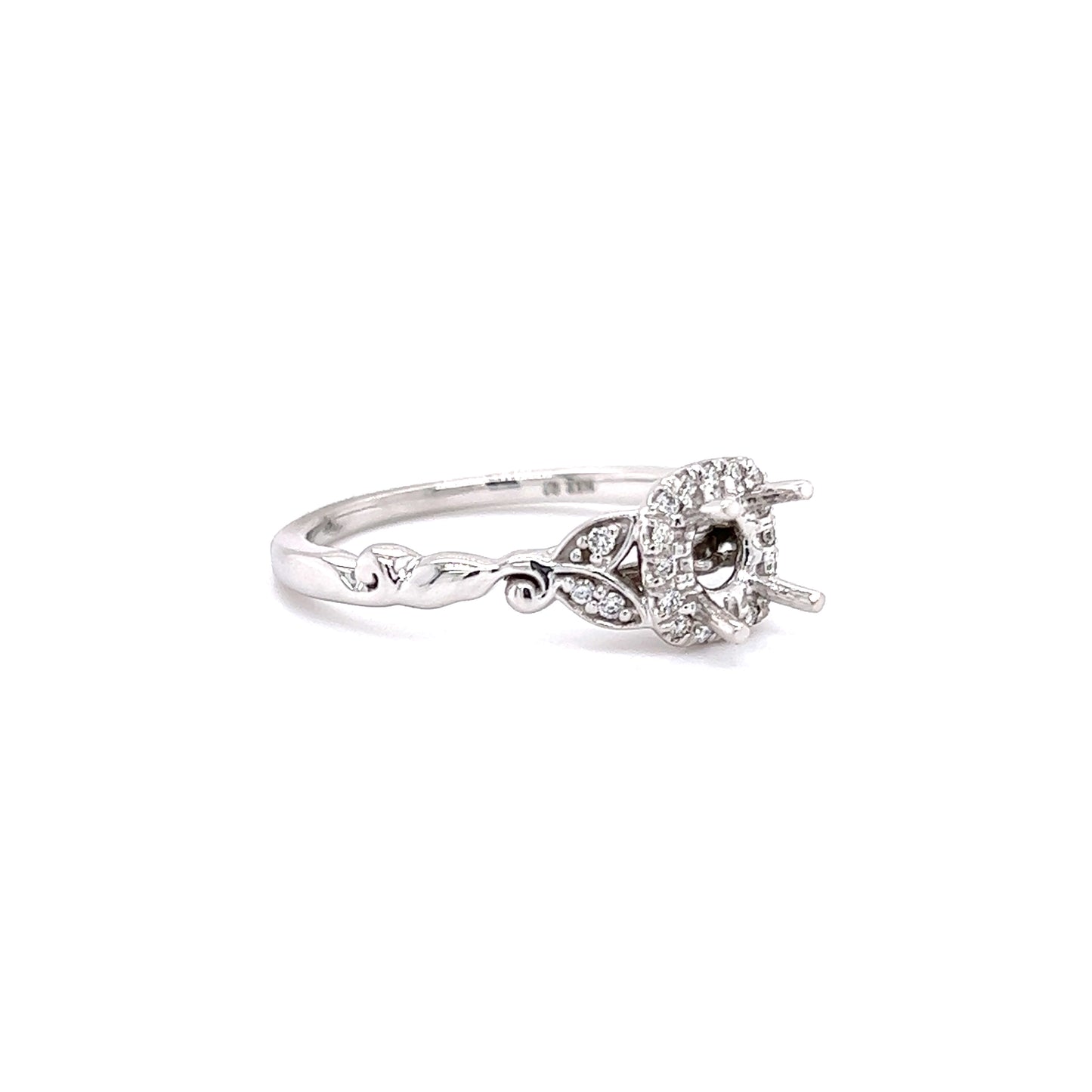 Willow Ring Setting with Diamond Halo in 14K White Gold Left Side View