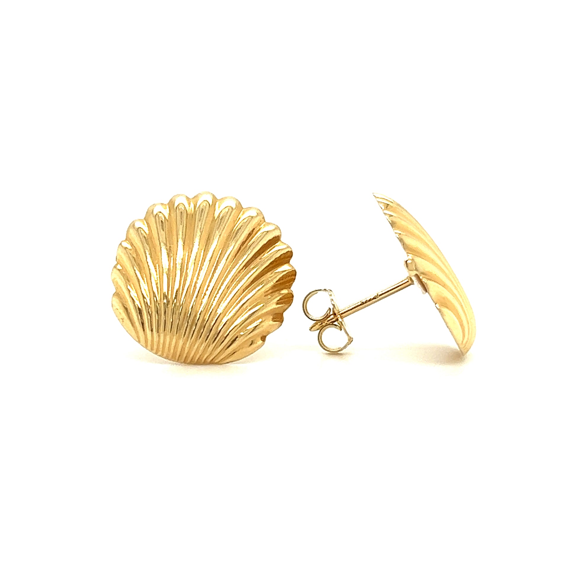 Scallop Post Earrings in 14K Yellow Gold Front and Side View