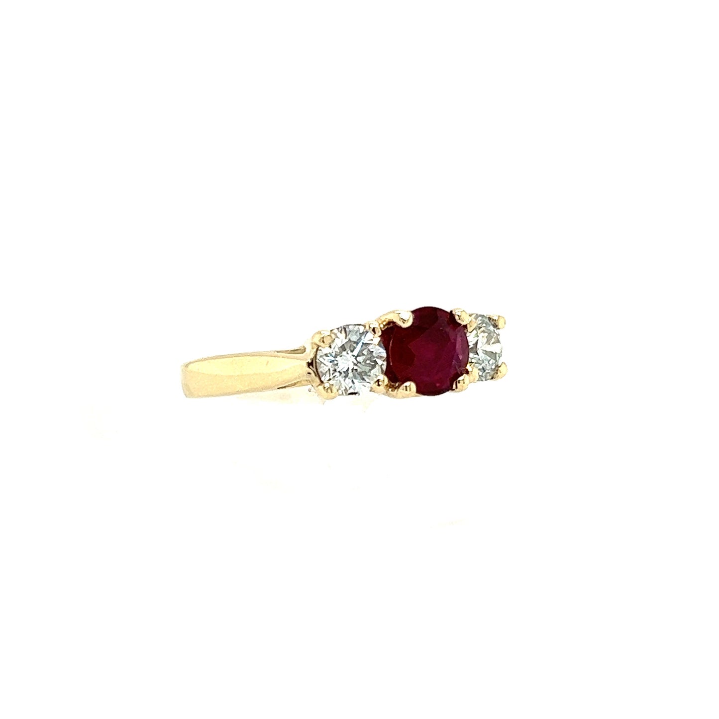 Round Ruby Ring with Two Side Diamonds in 14K Yellow Gold Left Side View Alternative