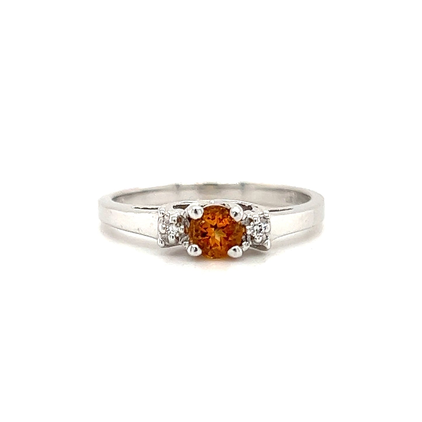 Round Citrine Ring with Side Diamonds in 14K White Gold Front View Alternative