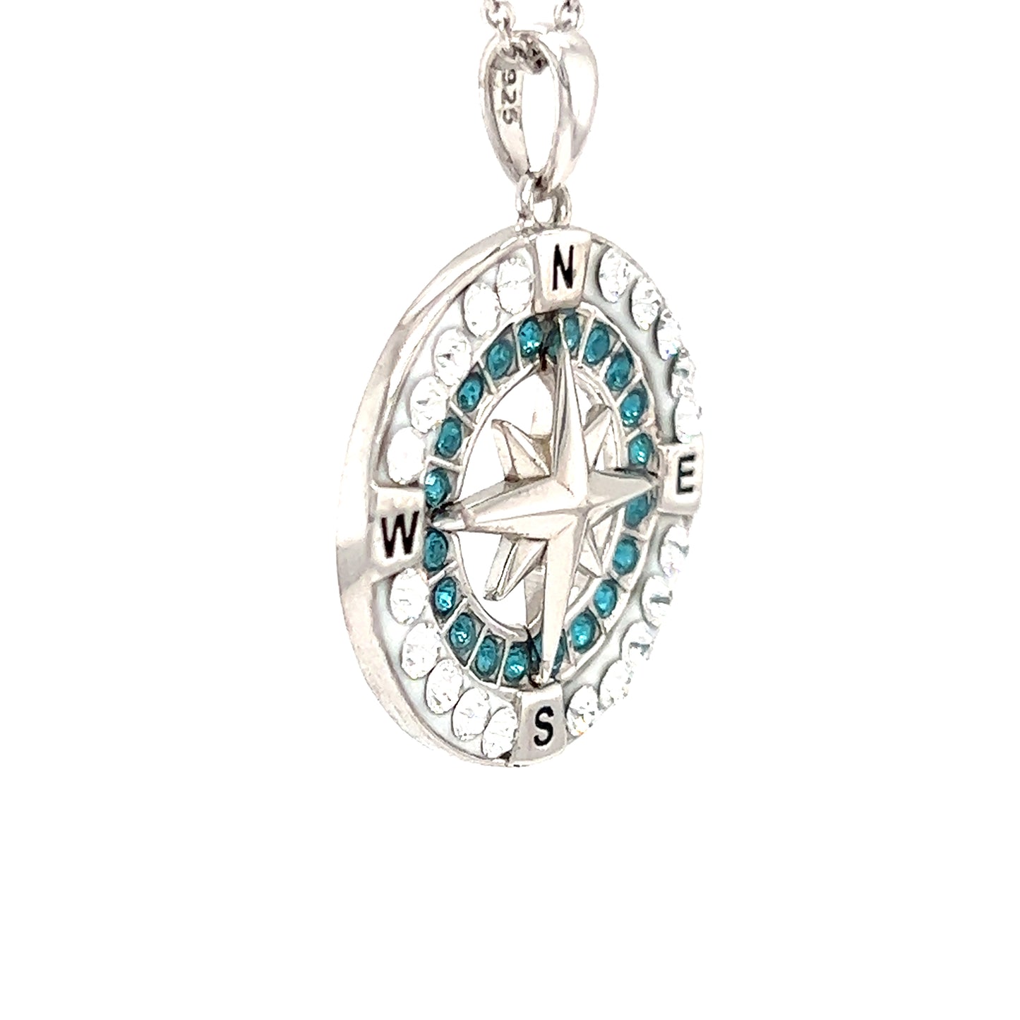 Compass Necklace with Aqua and White Crystals in Sterling Silver Right Side View