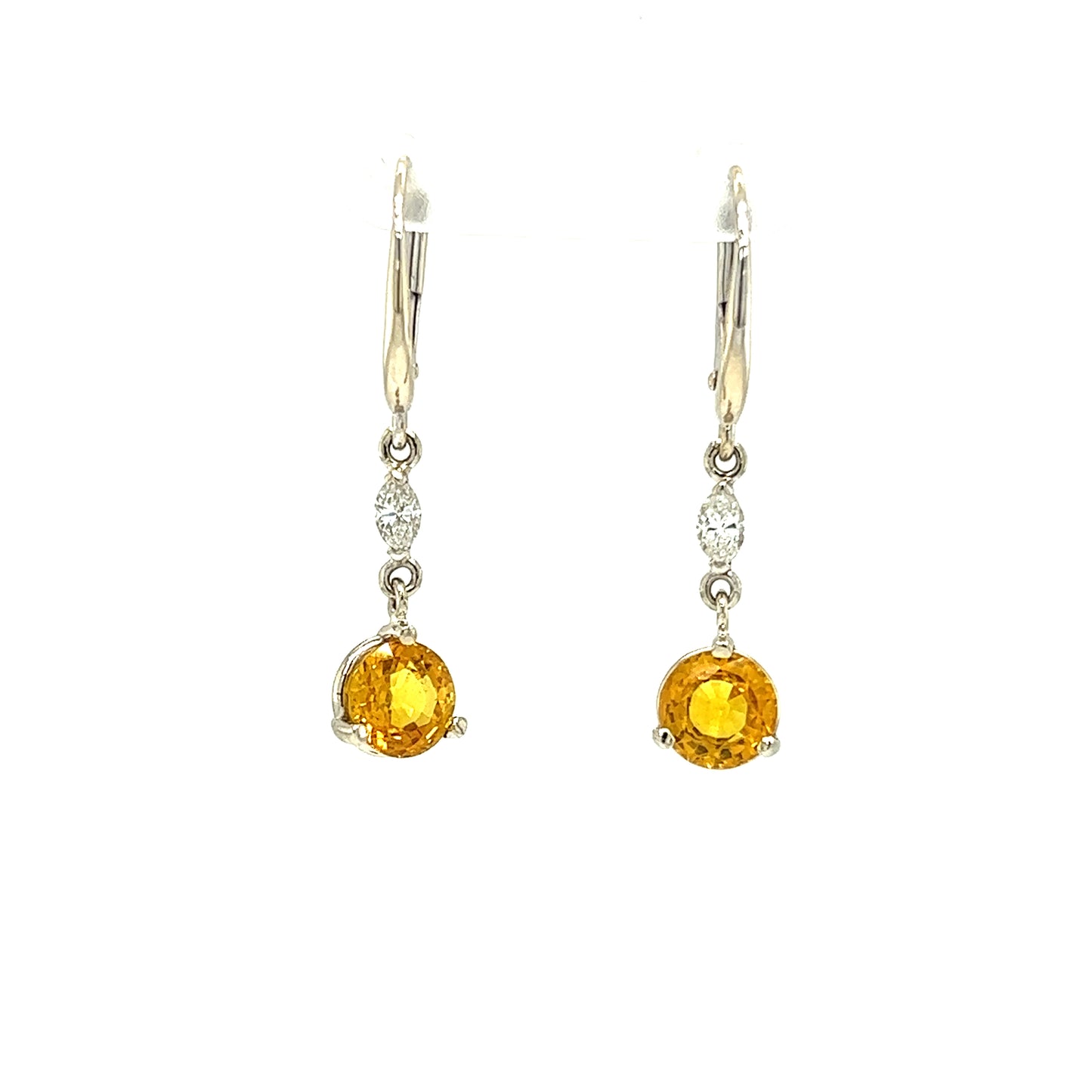 Yellow Sapphire Dangle Earrings with Two Marquise Accent Diamonds in 14K White Gold Front View