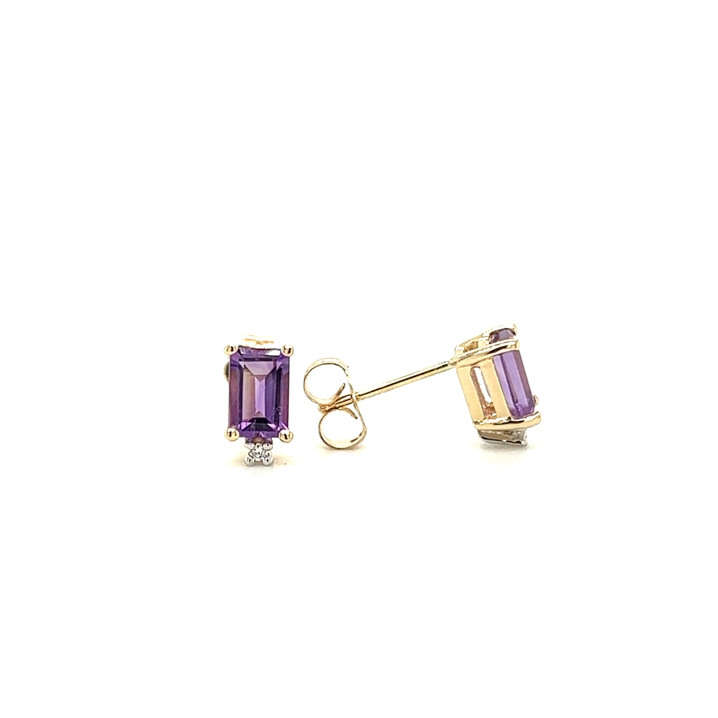 Baguette Amethyst Stud Earrings with Acent Diamonds in 14K Yellow Gold Front and Side View