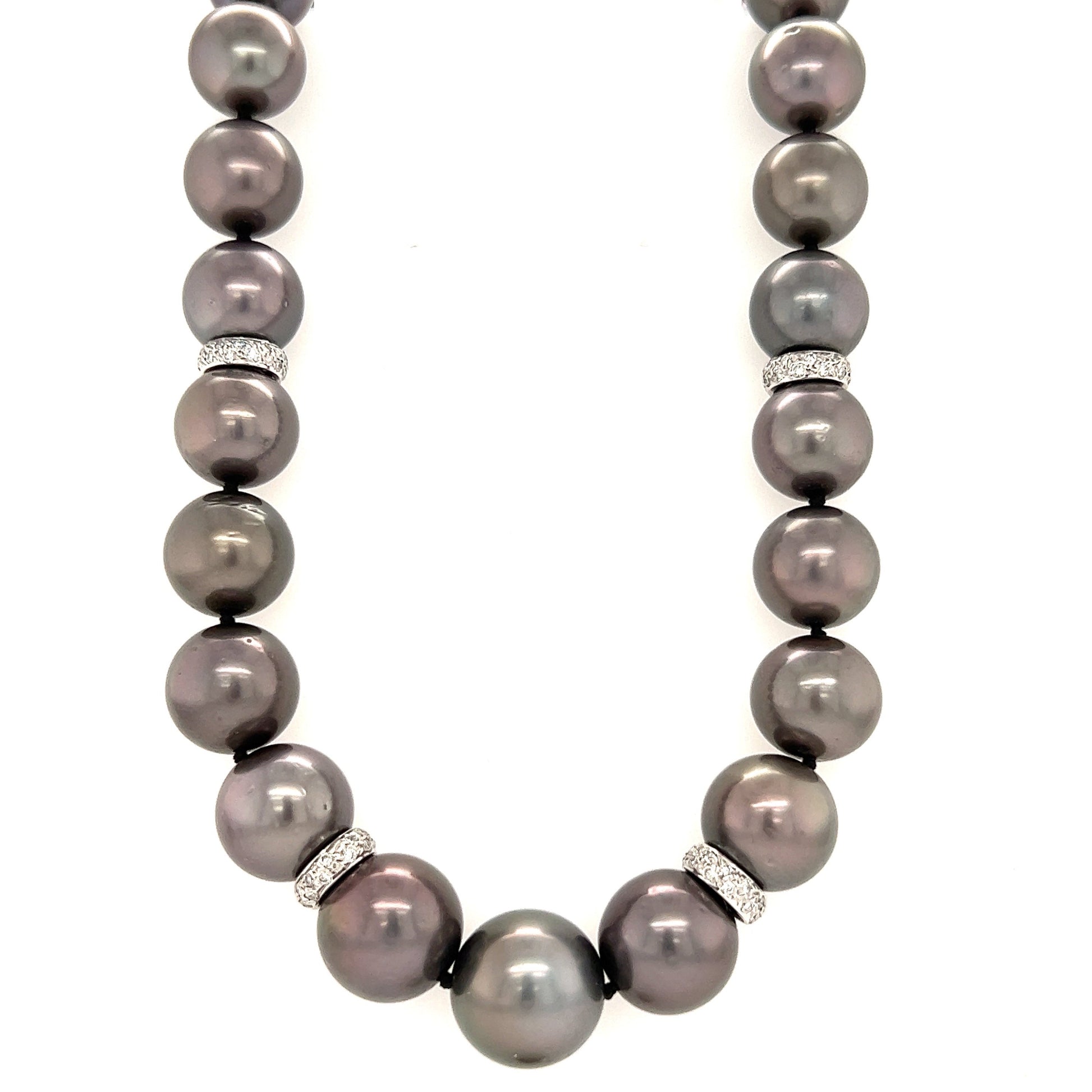 Tahitian Black Pearl Necklace with Four Diamond Rondelle and 14K White Gold Catch Front View Alternative