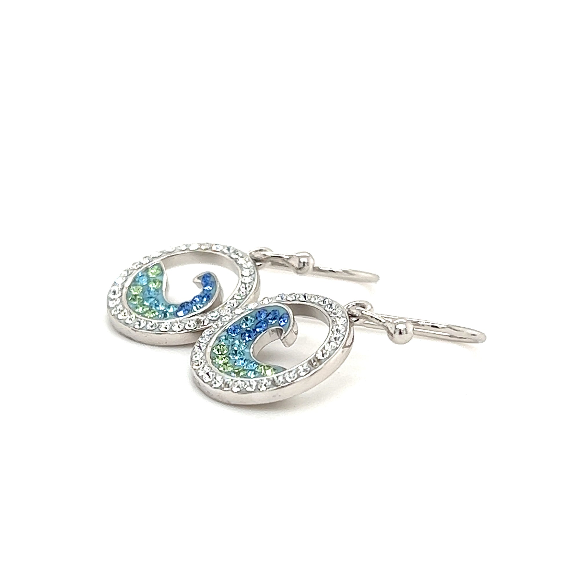 Wave Dangle Earrings in Sterling Silver with Crystals Left Side View