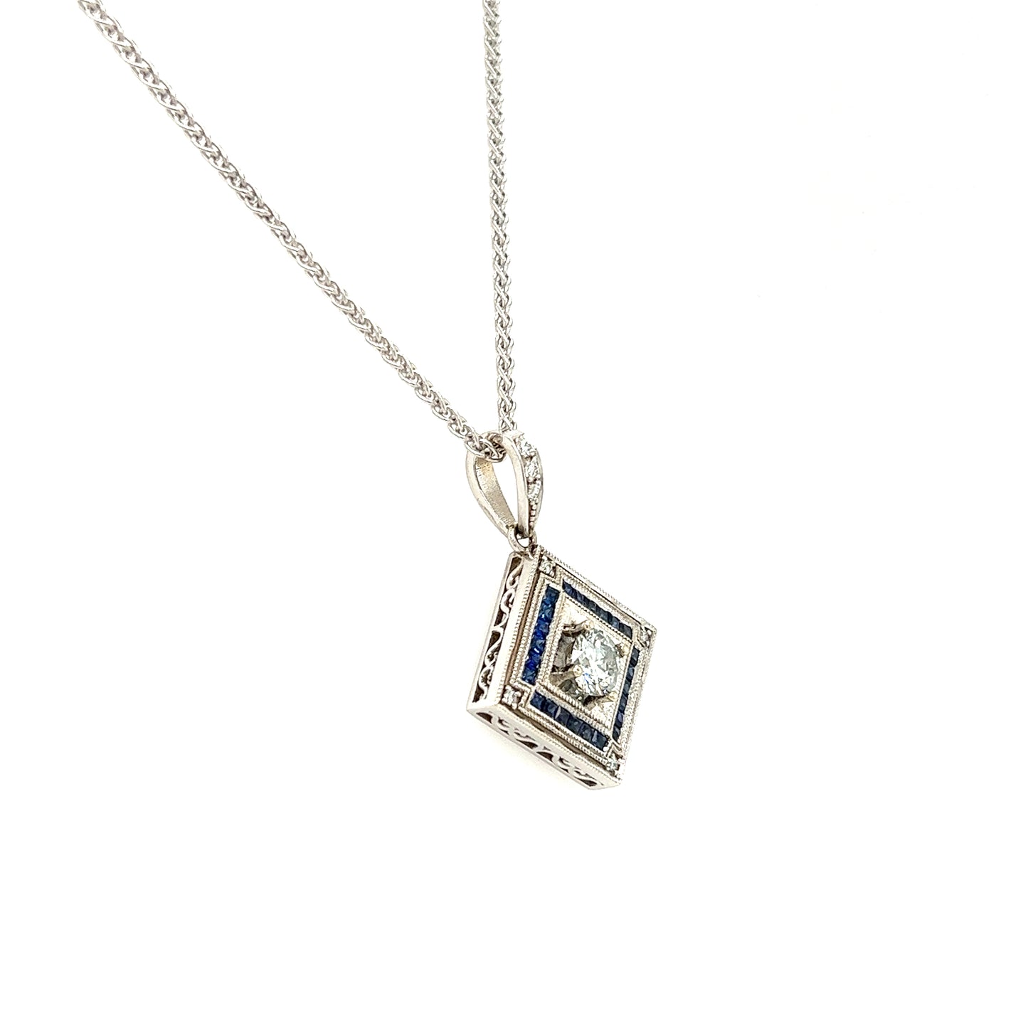 Square on Point Diamond Necklace with 0.64ctw of Blue Sapphires in White Gold Left Side View