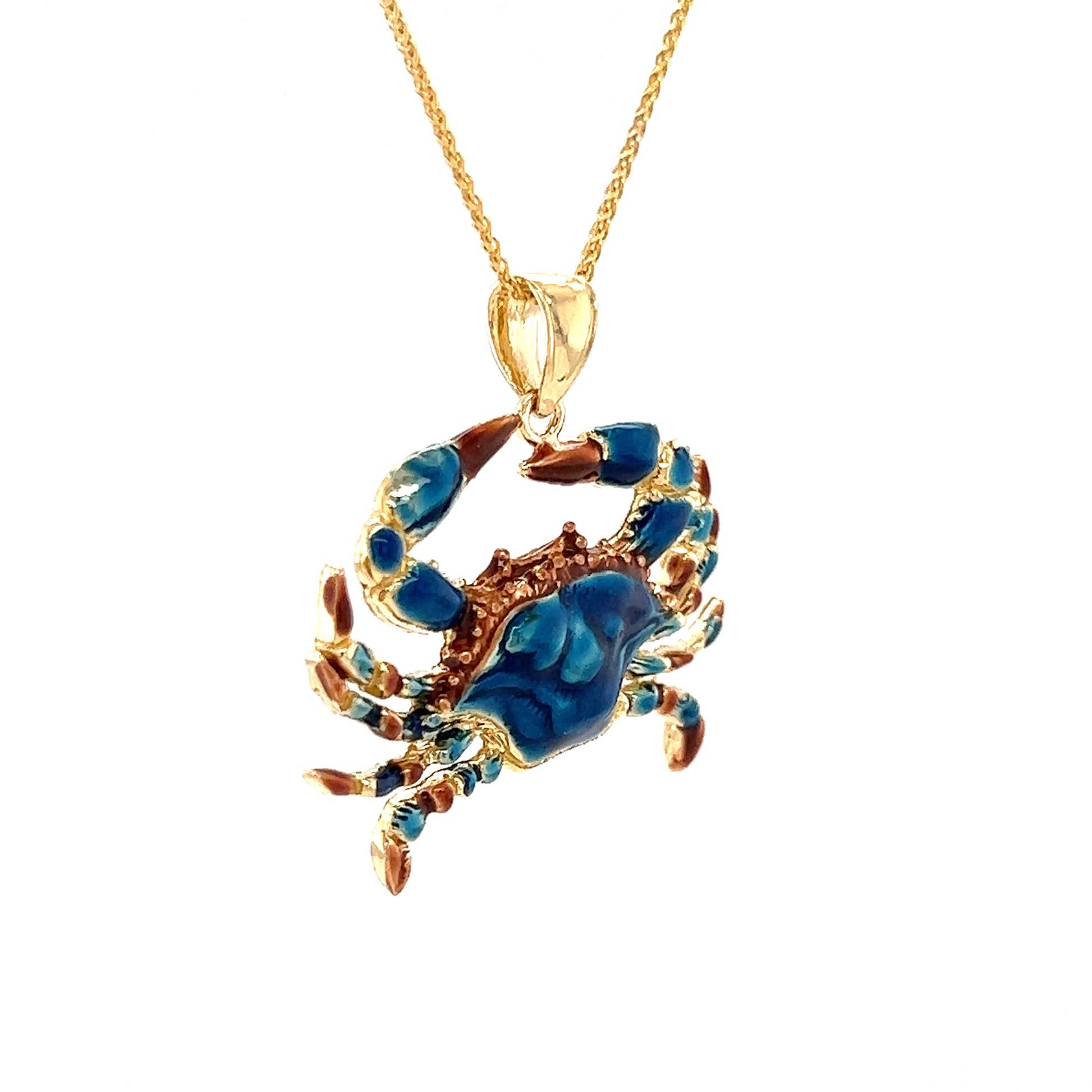 Blue Crab Large Pendant with Enameling in 14K Yellow Gold Left Side View with Chain