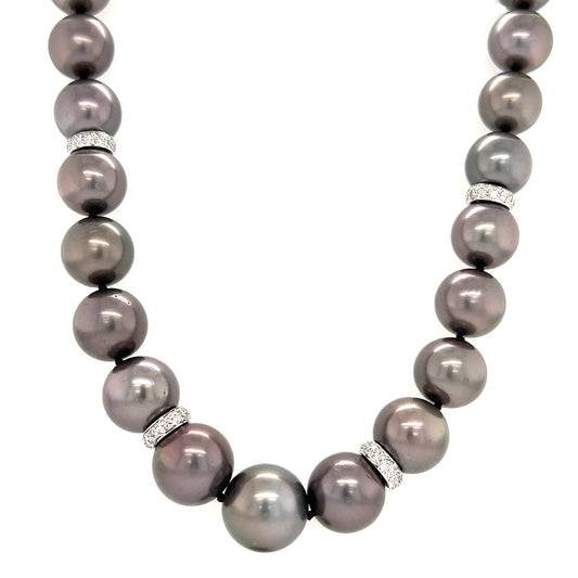 Tahitian Black Pearl Necklace with Four Diamond Rondelle and 14K White Gold Catch. Front View