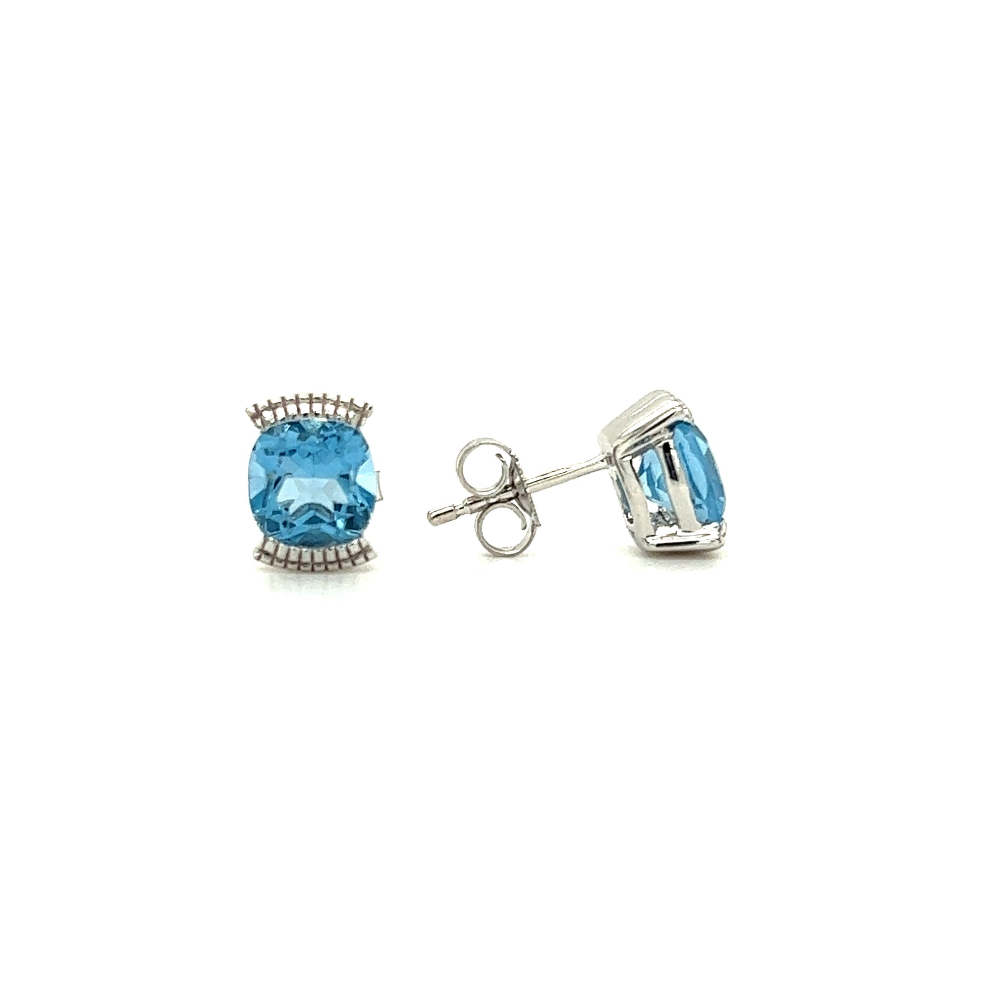 Cushion Blue Topaz Stud Earrings with 1.78ctw of Swiss Blue Topaz in 14K White Gold Front and Side View