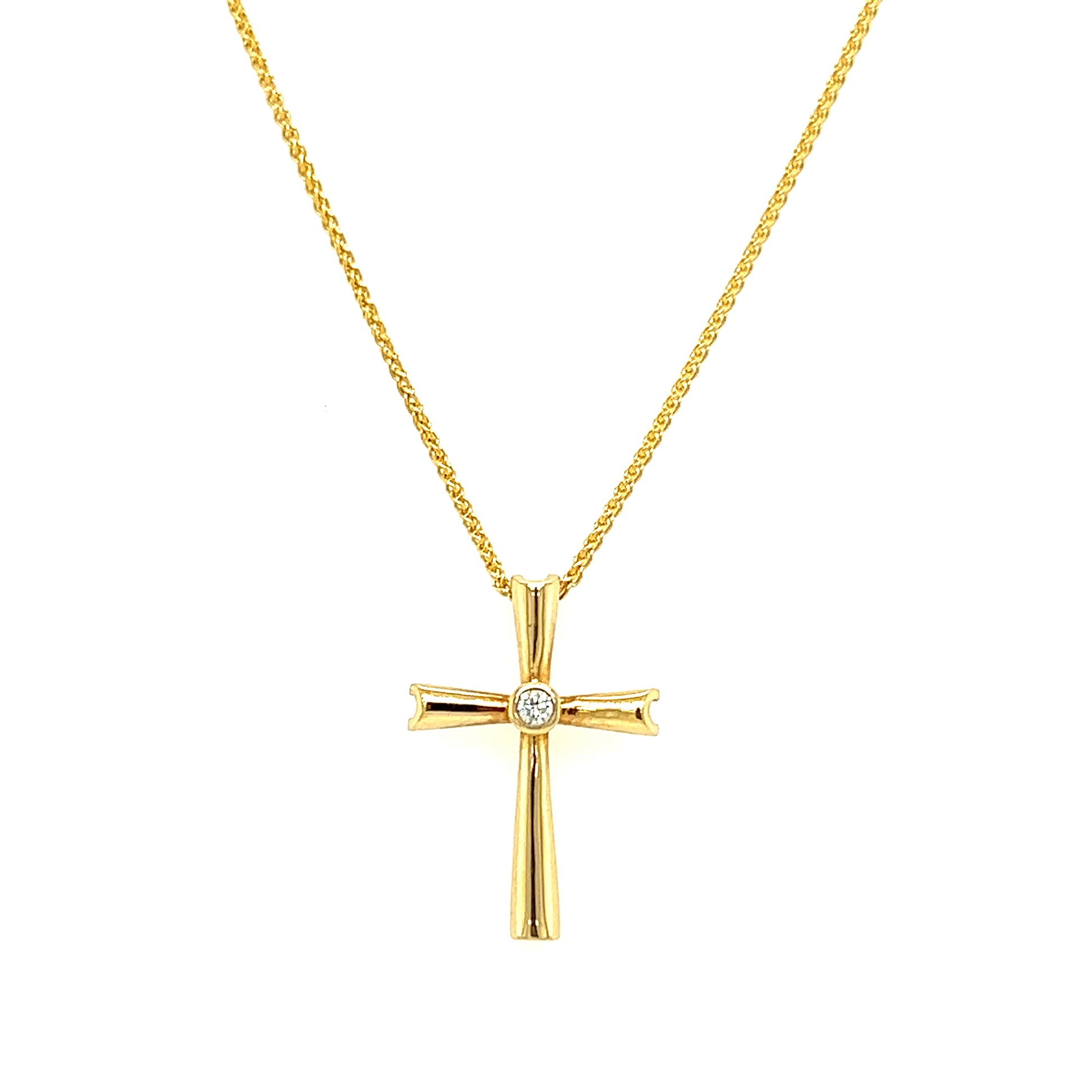 Solitaire Cross Necklace with One Diamond in 14K and 10K Yellow Gold Front View