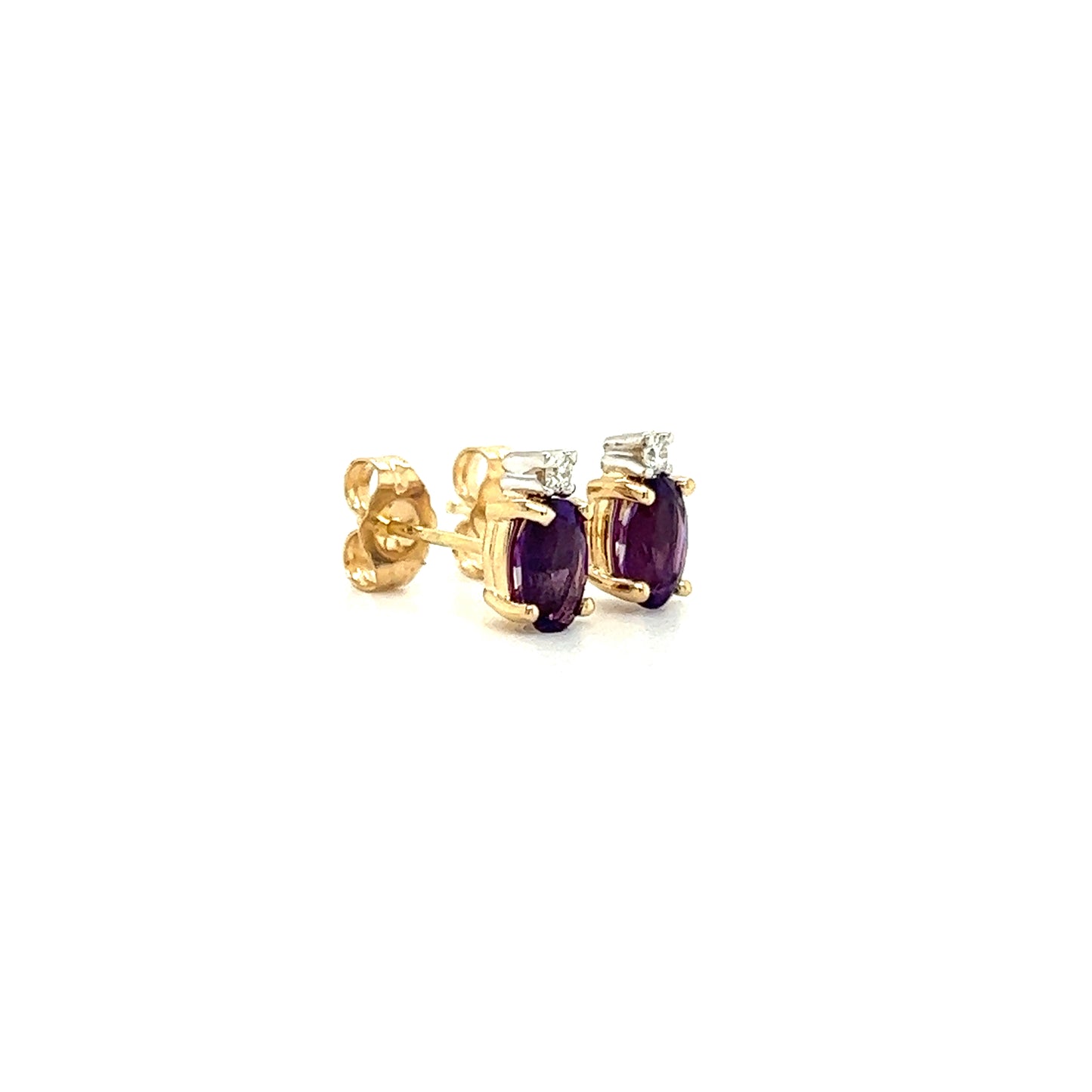 Oval Amethyst Stud Earrings with Accent Diamonds in 14K Yellow Gold Left Side View