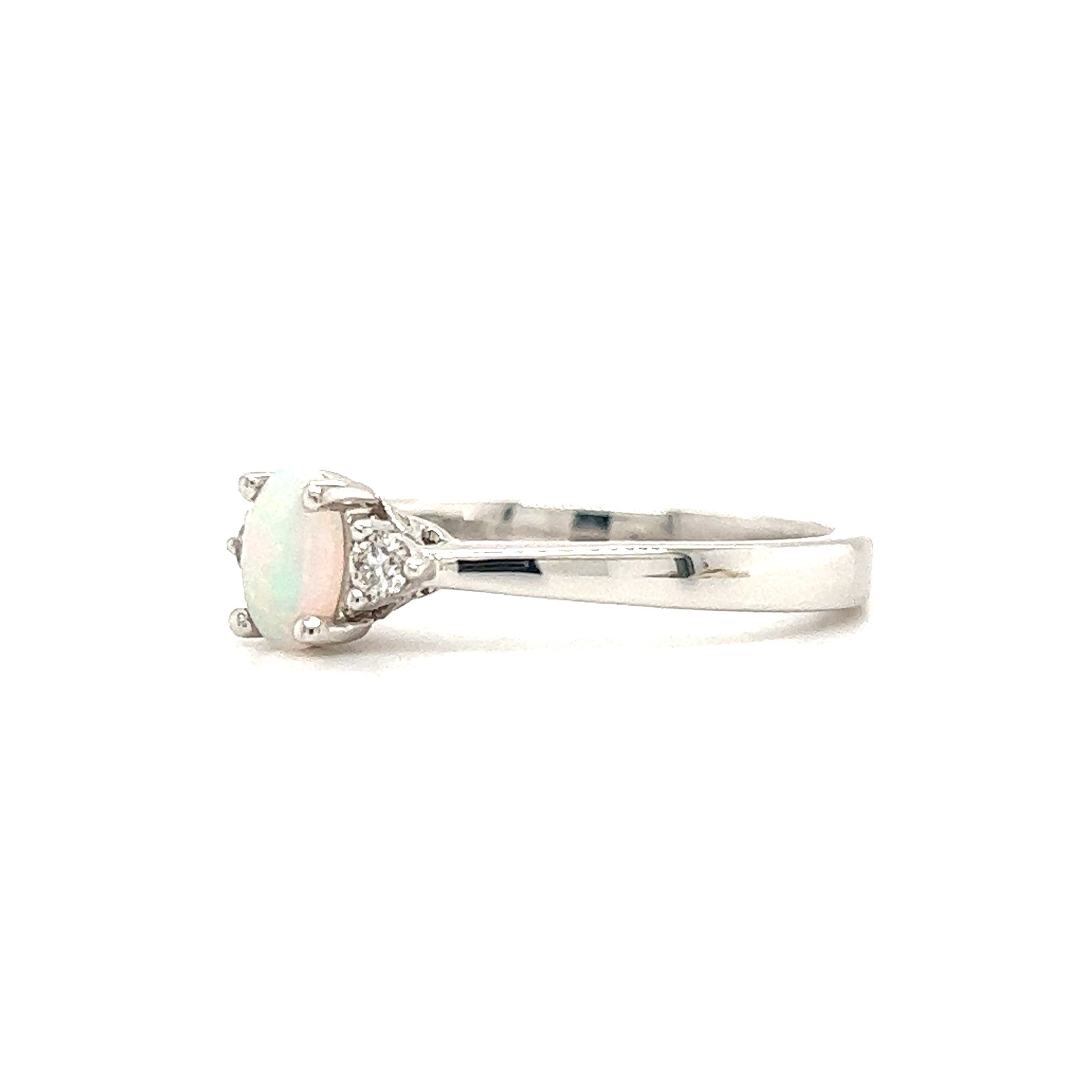 Oval Opal Ring with Two Side Diamonds in 14K White Gold Right View