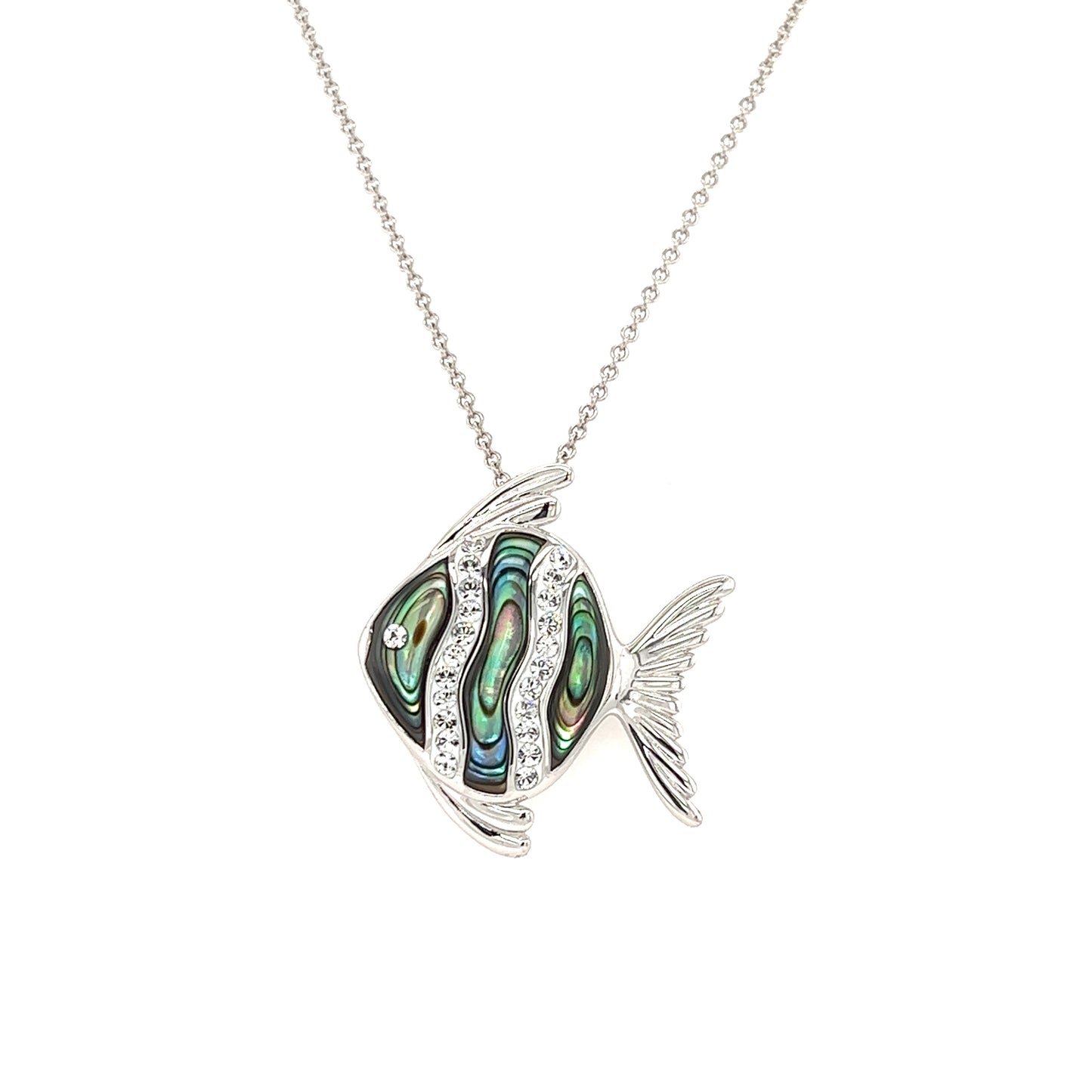 Abalone Shell Fish Necklace with White Crystals in Sterling Silver Left Side View