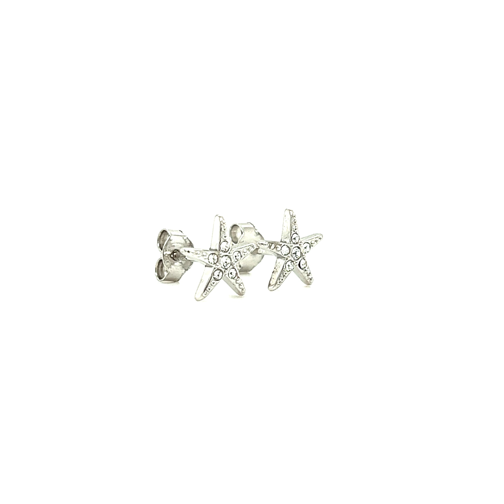 Starfish Stud Earrings with White Crystals in Sterling Silver Left Side View