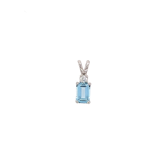 Baguette Aquamarine Pendant with One Side Diamond in 14K White Gold Front View