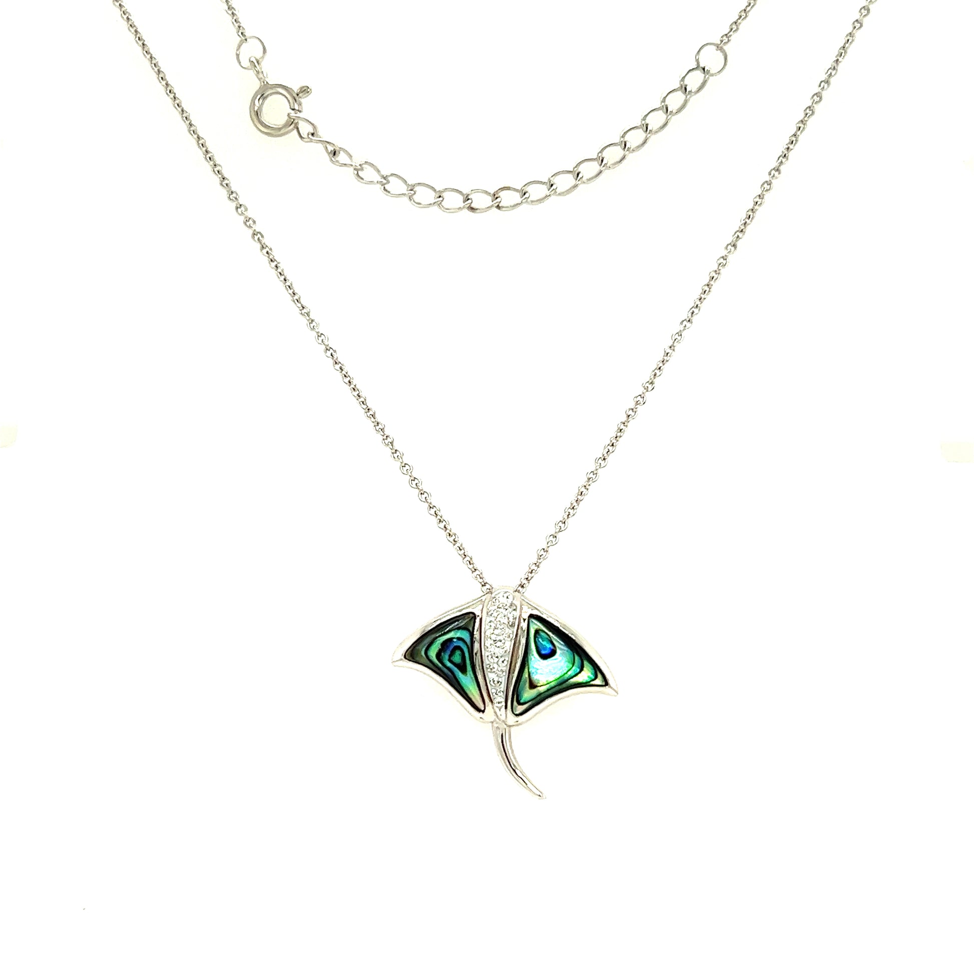 Manta Ray Necklace with Abalone Shell and White Crystals in Sterling Silver Full Necklace Front View