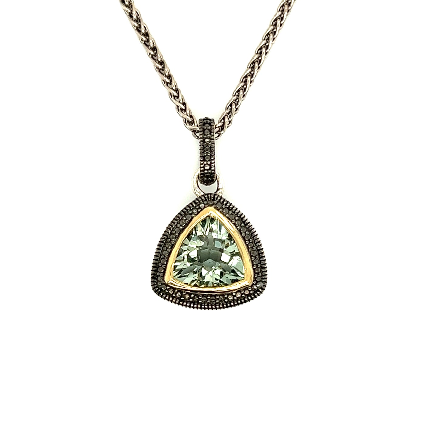 Trillion Green Quartz Antiqued Necklace with 14K Yellow Gold Accent in Sterling Silver Pendant Front View