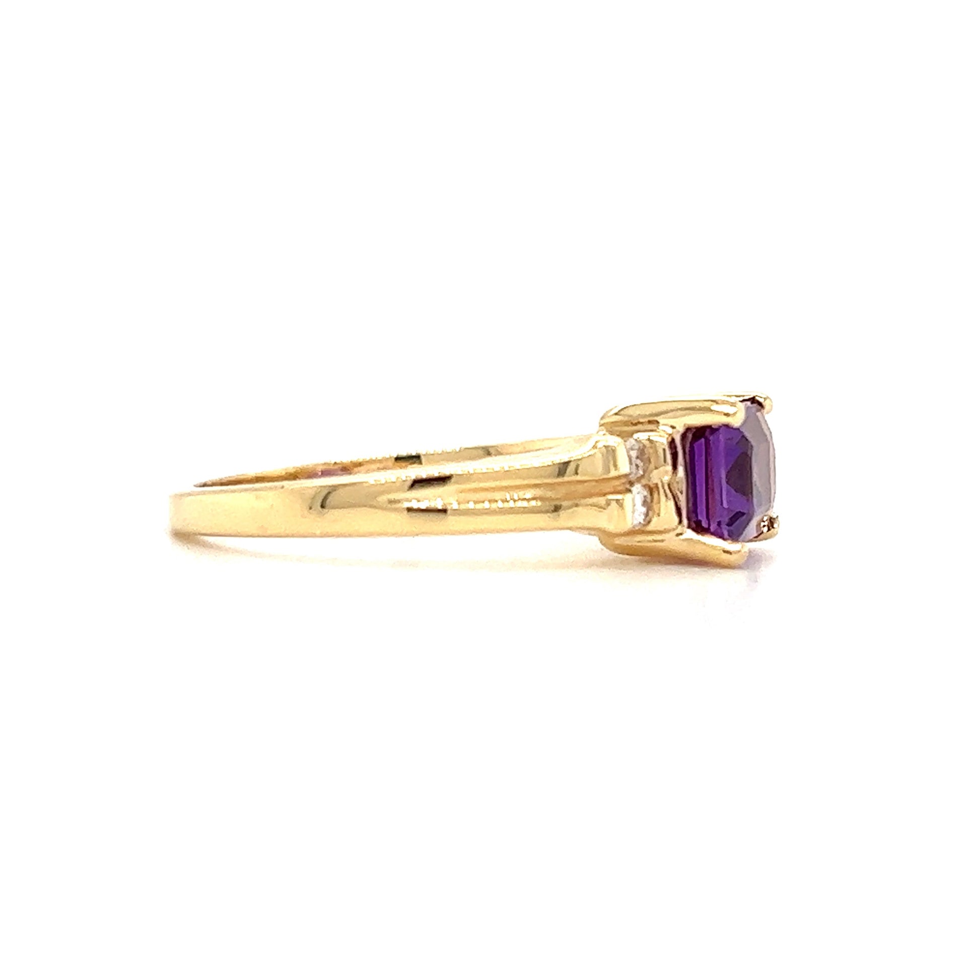 Baguette Amethyst Ring in 14K Yellow Gold with Side Diamonds Right Profile View