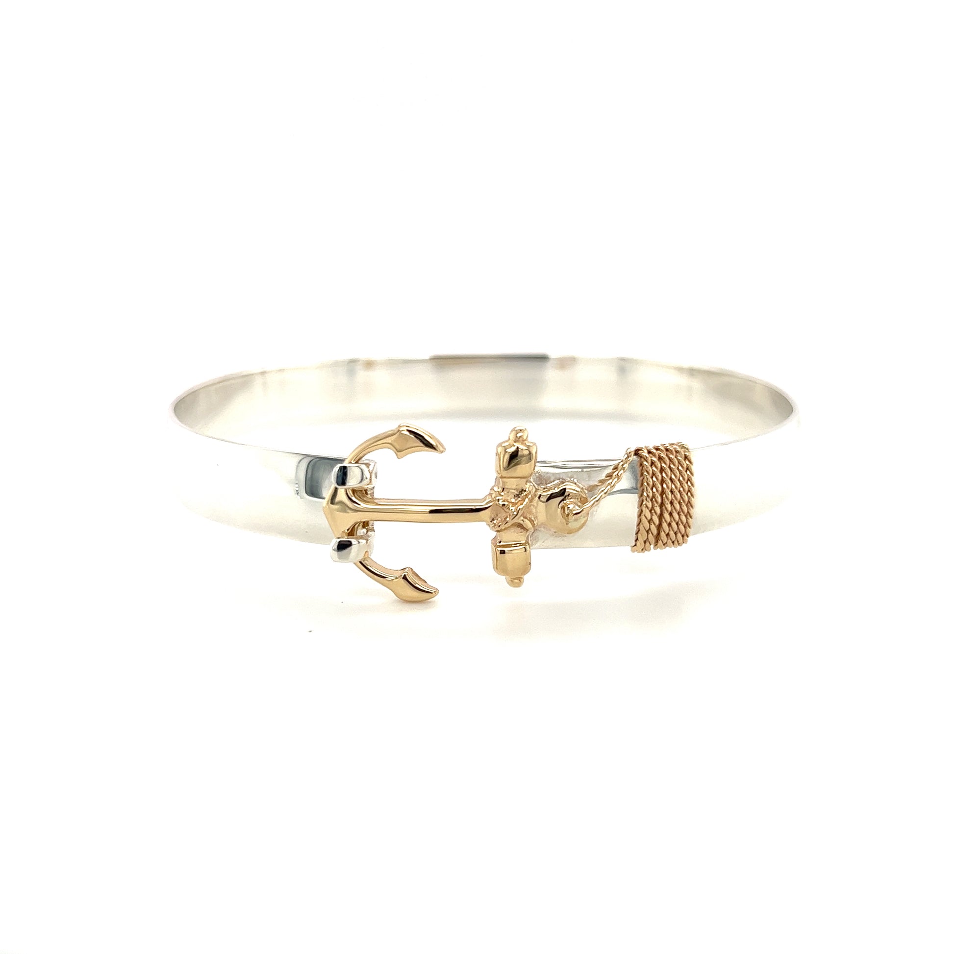 Flat 8mm Bangle Bracelet with 14K Yellow Gold Anchor and Wrap in Sterling Silver Flat Front View