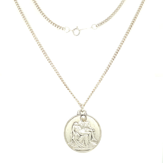 La Pieta Medallion Necklace with 24in Long Cable Chain in Sterling Silver Full Necklace Front View